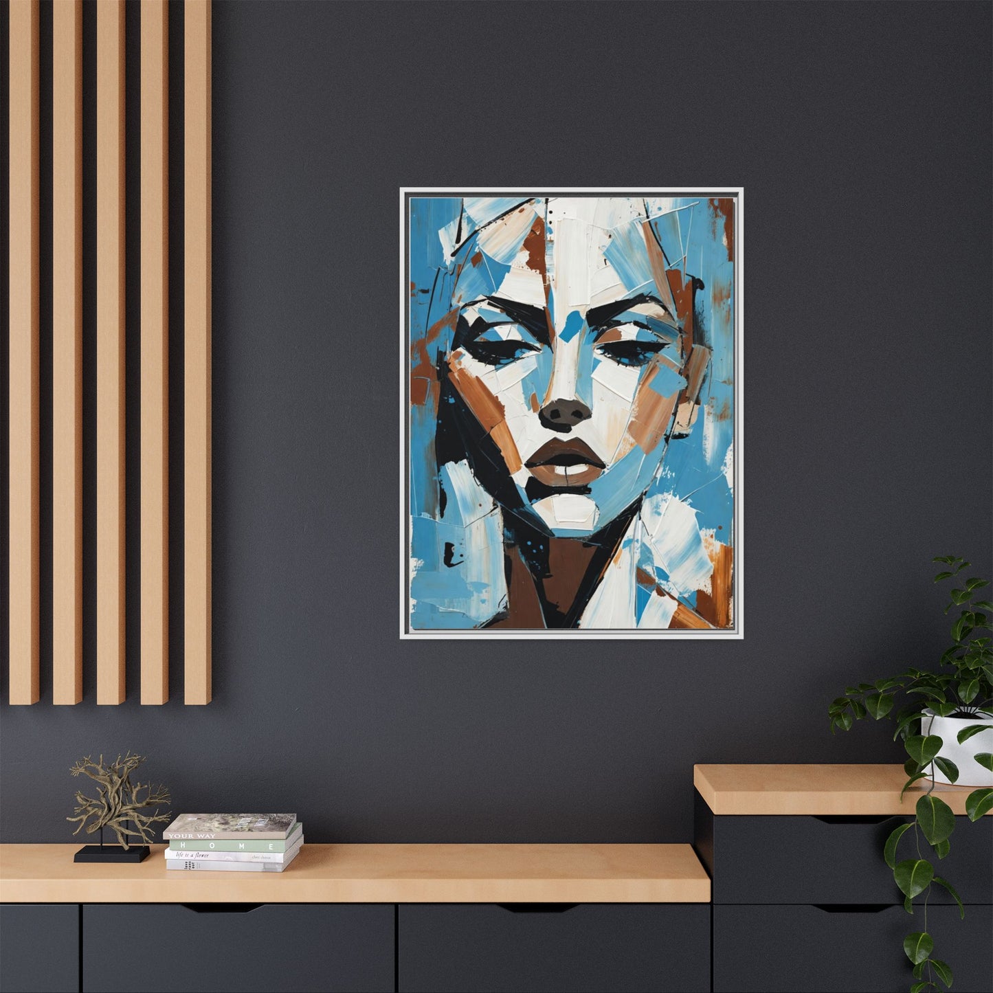 Abstract Blue Face Matte Canvas Wall Art — Framed Modern Portrait Print