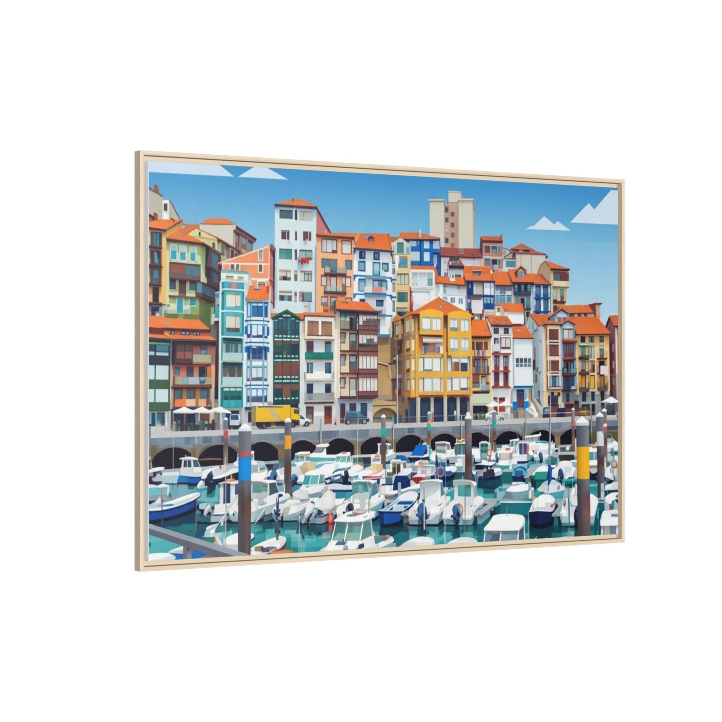 Framed Matte Canvas Print — Colorful Mediterranean Harbor Illustration