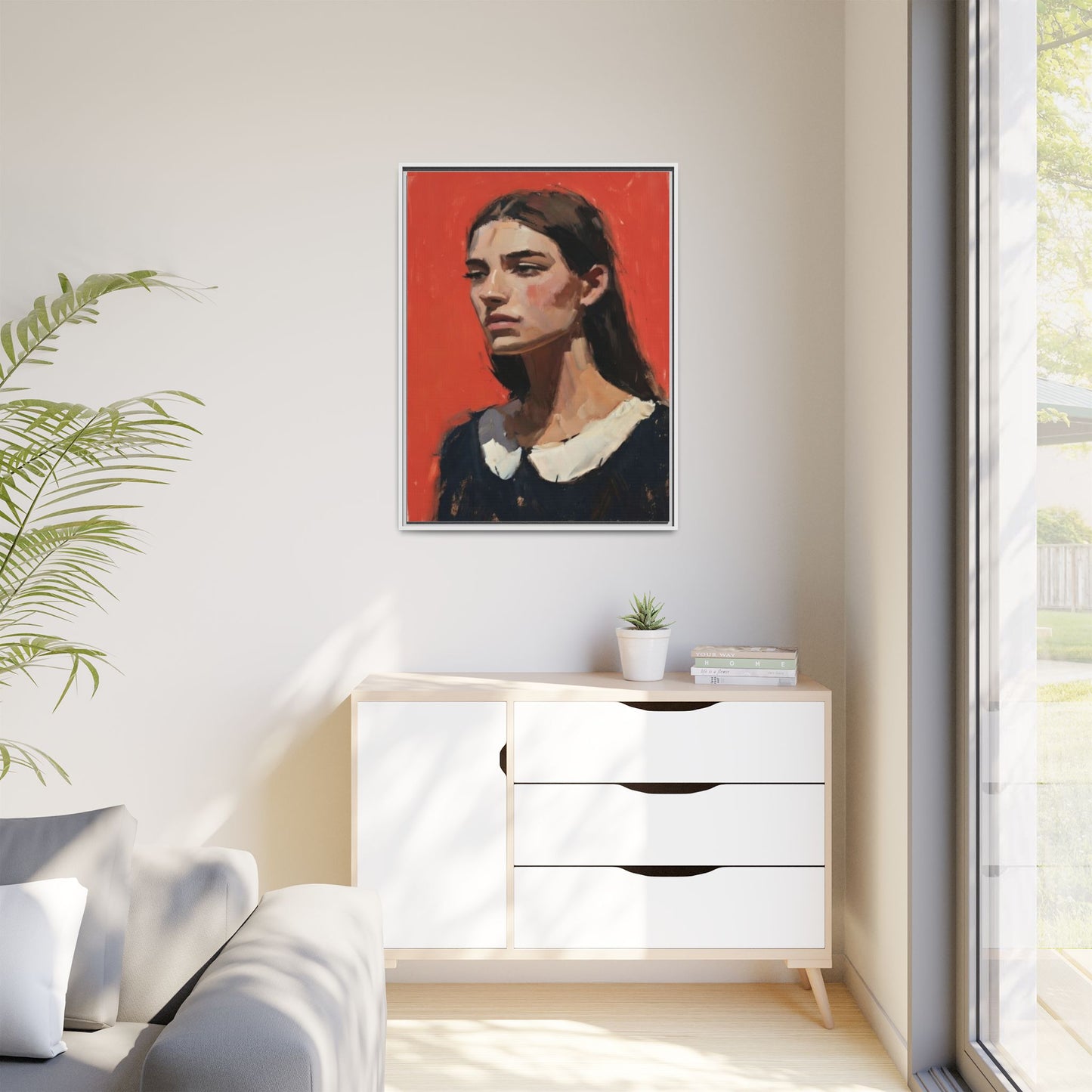Framed Matte Canvas Portrait Print — Moody Red Figurative Art