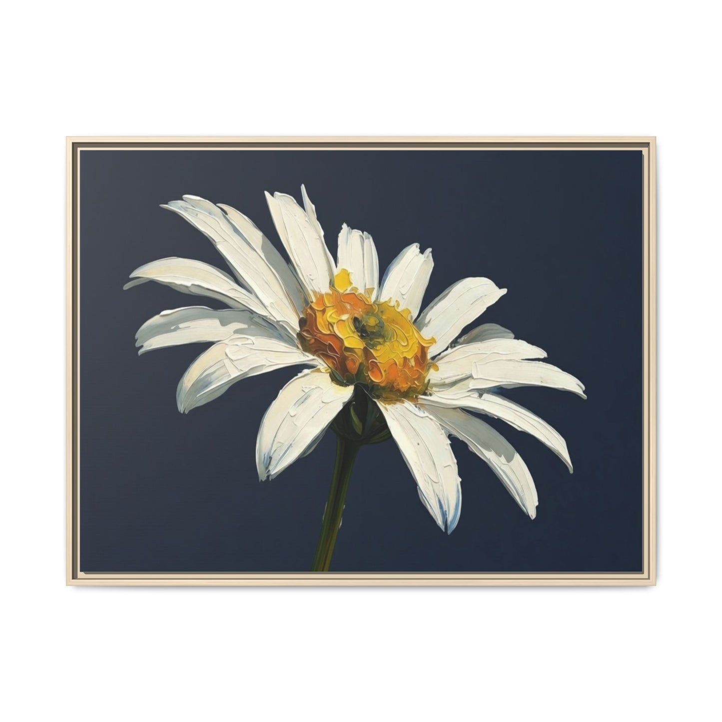 Framed Matte Canvas Daisy Wall Art — White Floral Painting on Navy