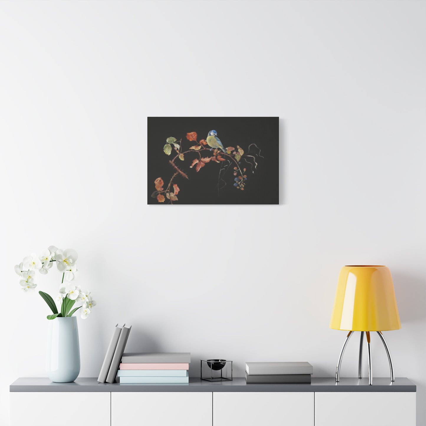 Canvas Wall Art - Blue Tit on Autumn Branch, Stretched Matte Canvas