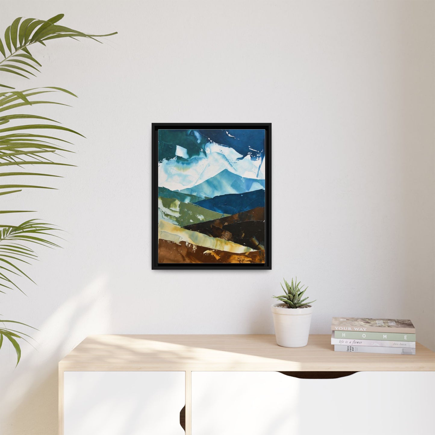Framed Abstract Mountain Canvas Art — Blue & Earthtone Landscape Print