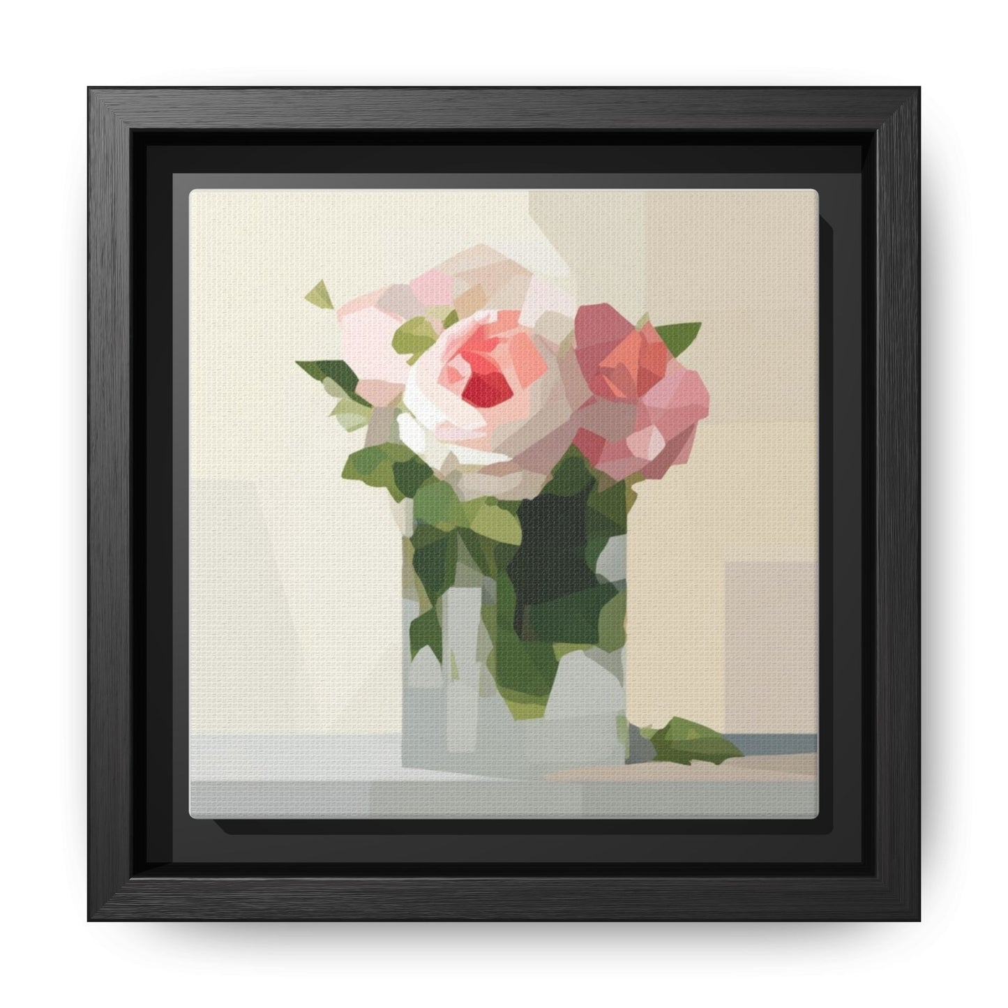 Framed Floral Canvas Print — Geometric Pink Rose Wall Art