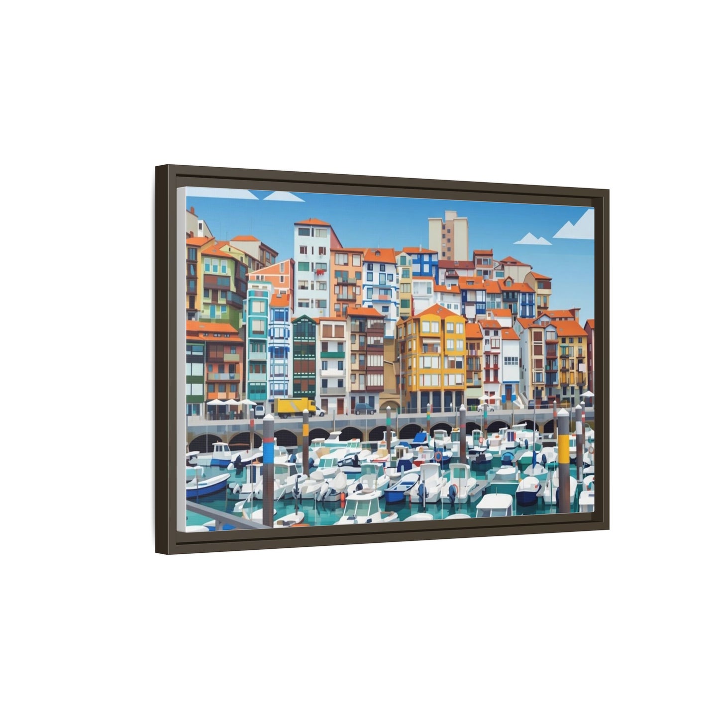 Framed Matte Canvas Print — Colorful Mediterranean Harbor Illustration