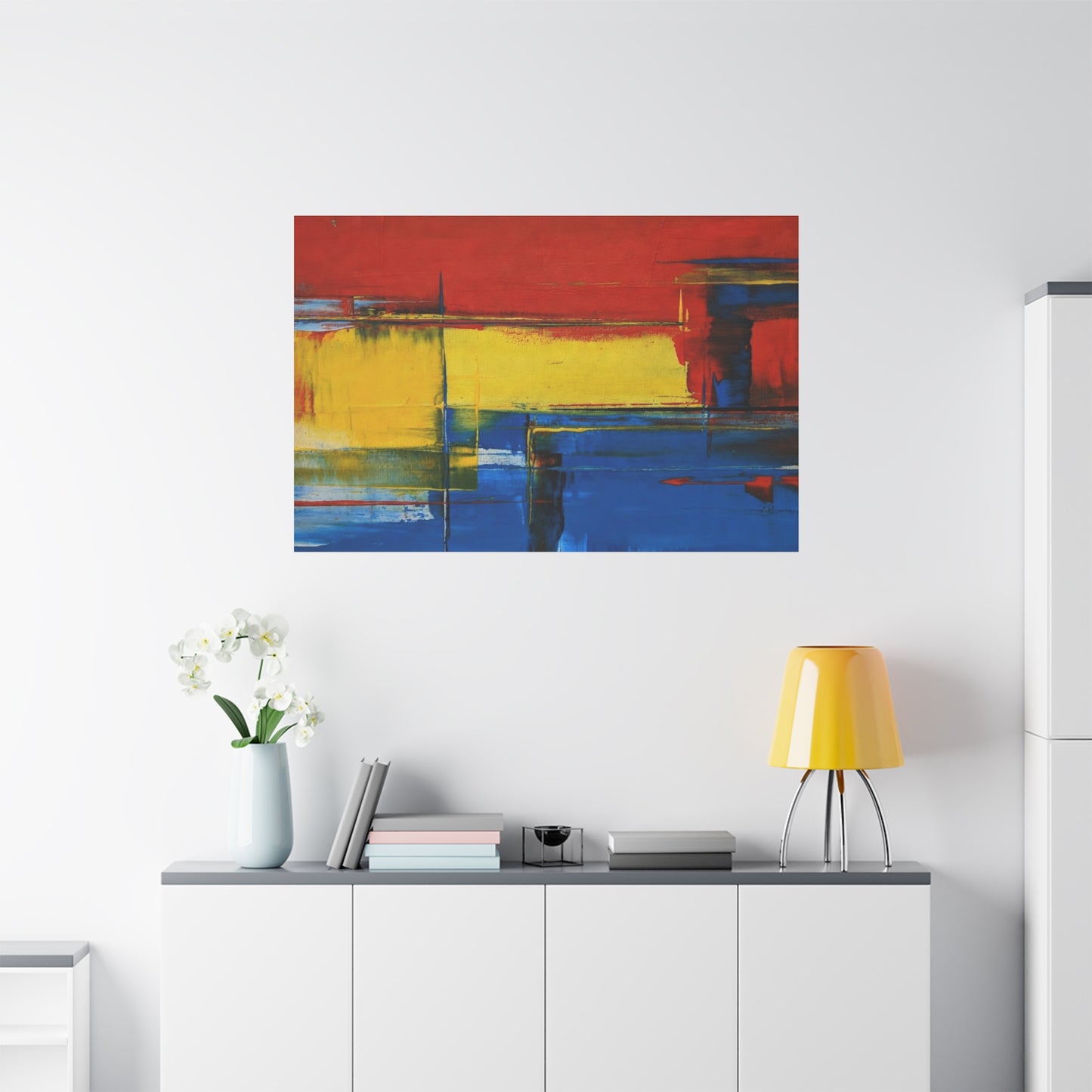 Abstract Color Block Matte Canvas Wall Art — Red, Yellow & Blue Stretched Canvas