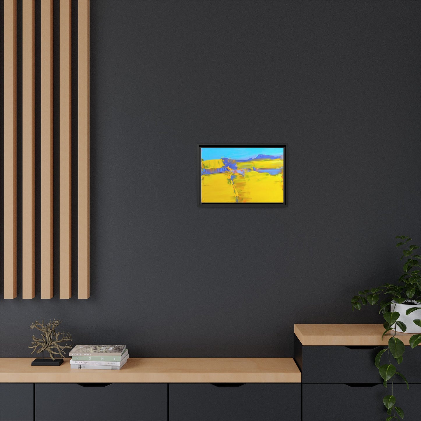 Framed Matte Canvas  Vibrant Yellow Blue Abstract Landscape Art