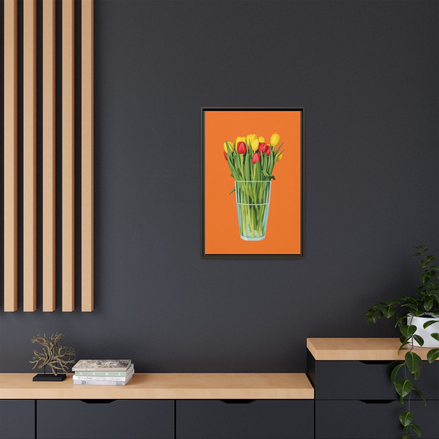 Framed Tulip Canvas Print — Colorful Tulips in Glass Vase
