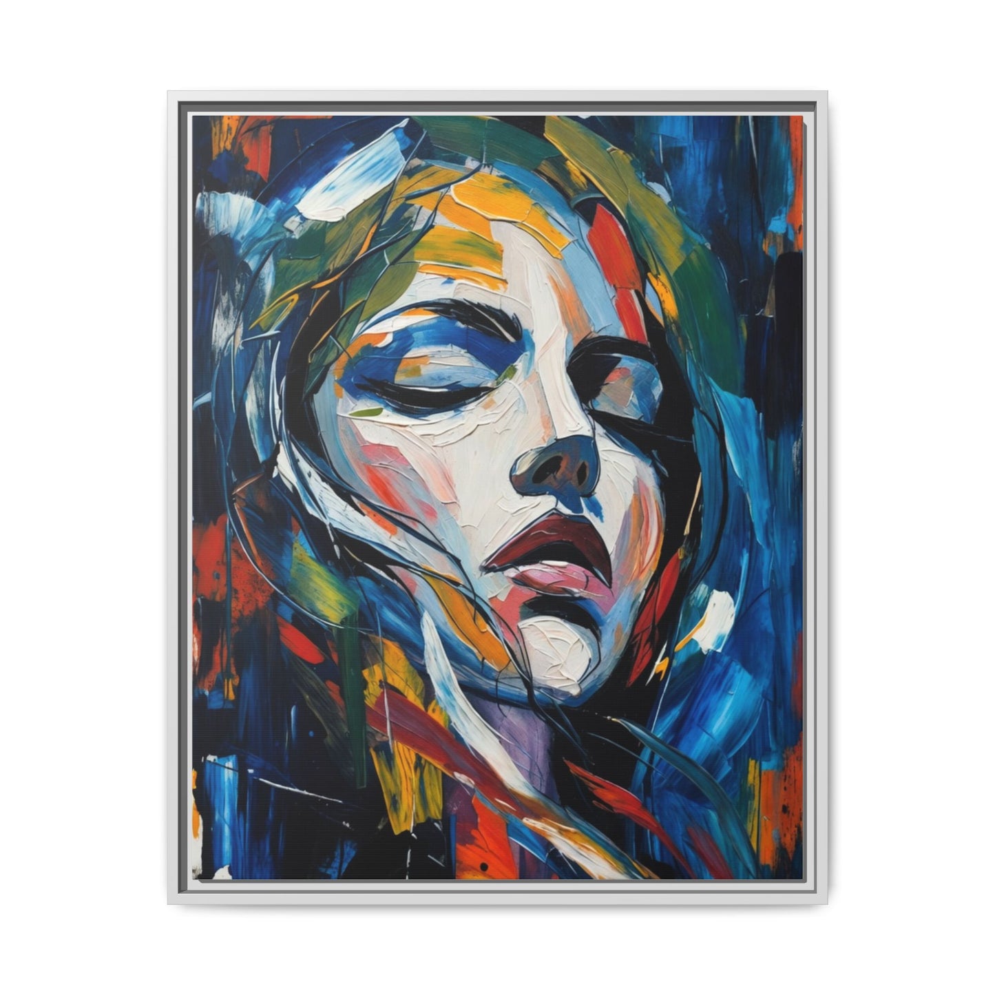 Abstract Colorful Woman Portrait — Framed Matte Canvas Wall Art