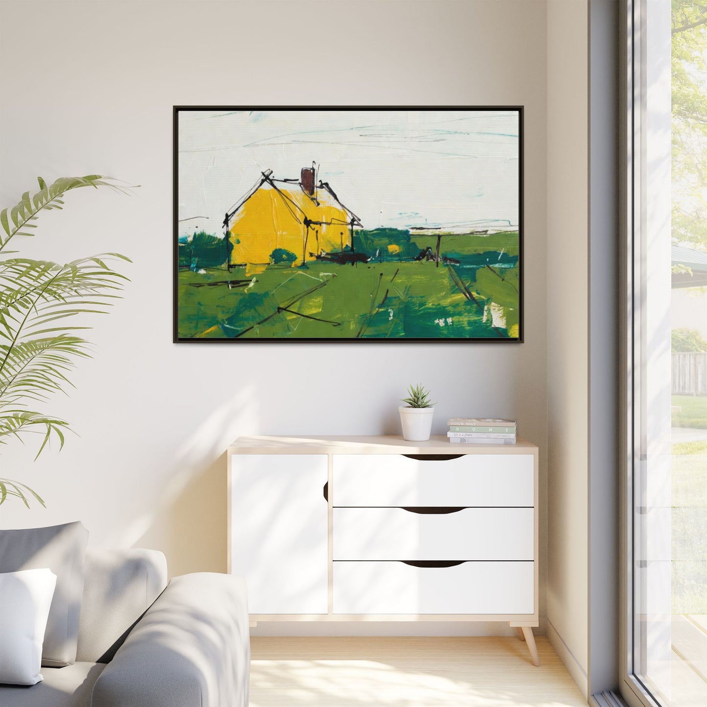Yellow Cottage Landscape Framed Canvas Print