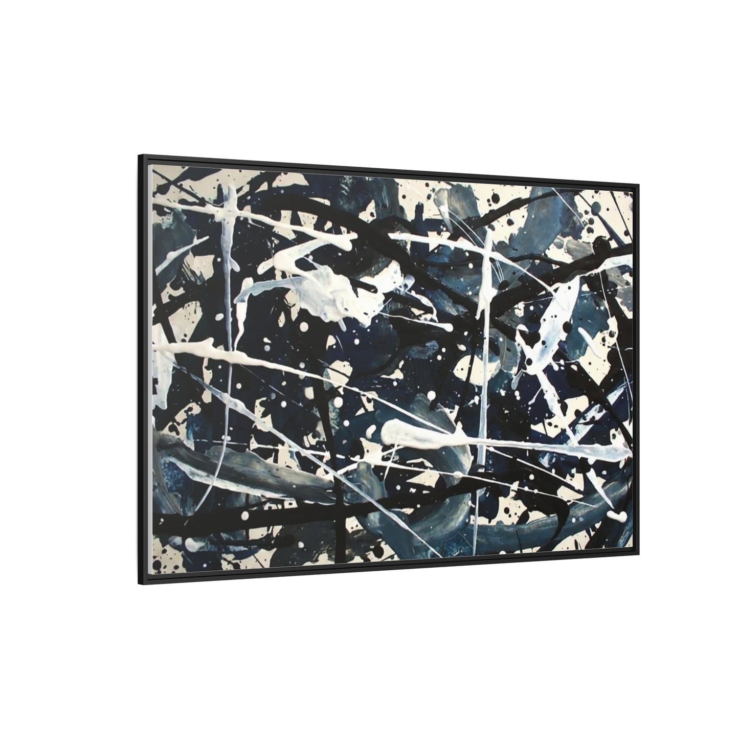 Abstract Splatter Matte Canvas Framed Wall Art — Black & Blue Modern Art Print