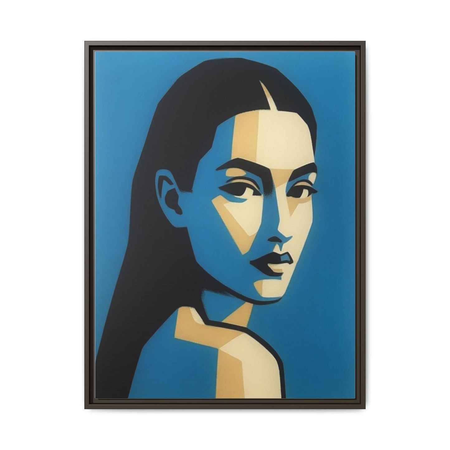 Framed Pop Art Portrait Canvas — Blue Geometric Woman Print
