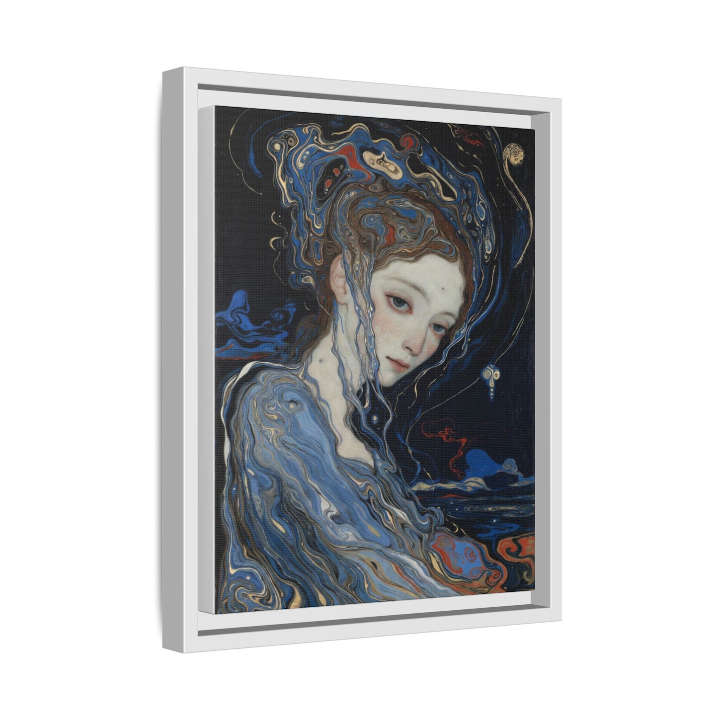 Framed Matte Canvas Art Print — Surreal Blue Maiden Portrait