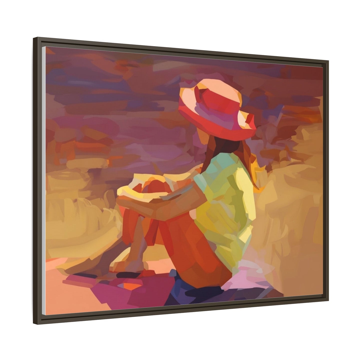 Framed Matte Canvas — Colorful Seated Girl Beach Art