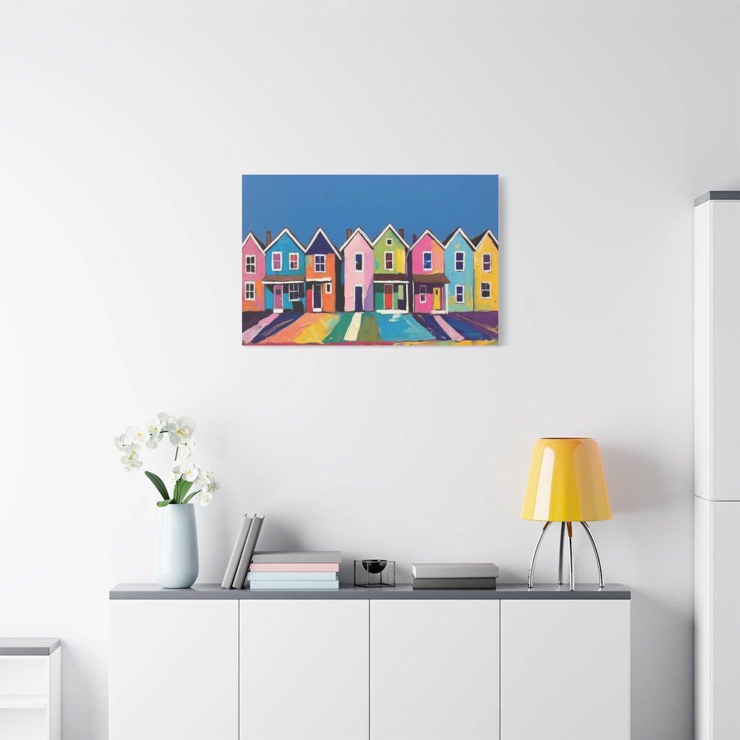 Colorful Row Houses Matte Canvas Print Vibrant Coastal Neighborhood Wall Art