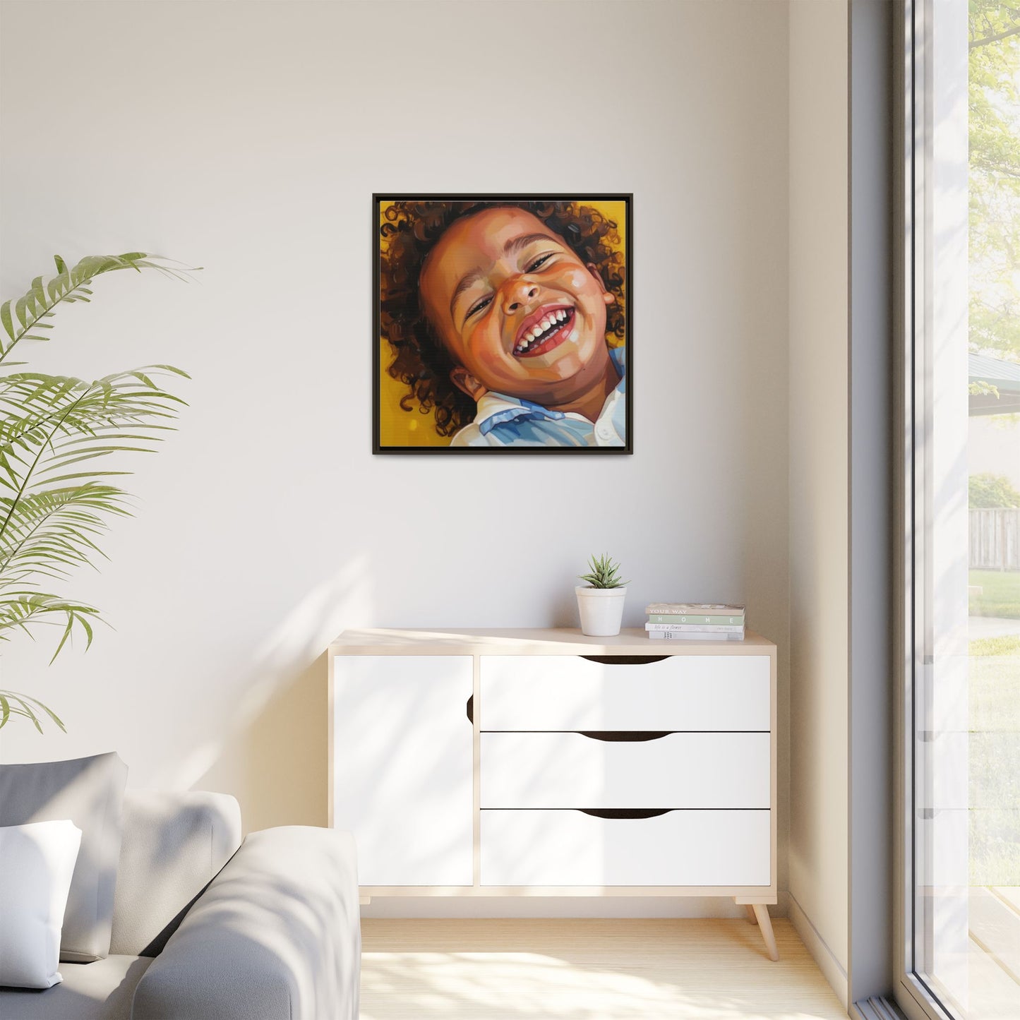 Framed Matte Canvas Print – Joyful Child Portrait, Colorful Nursery Wall Art
