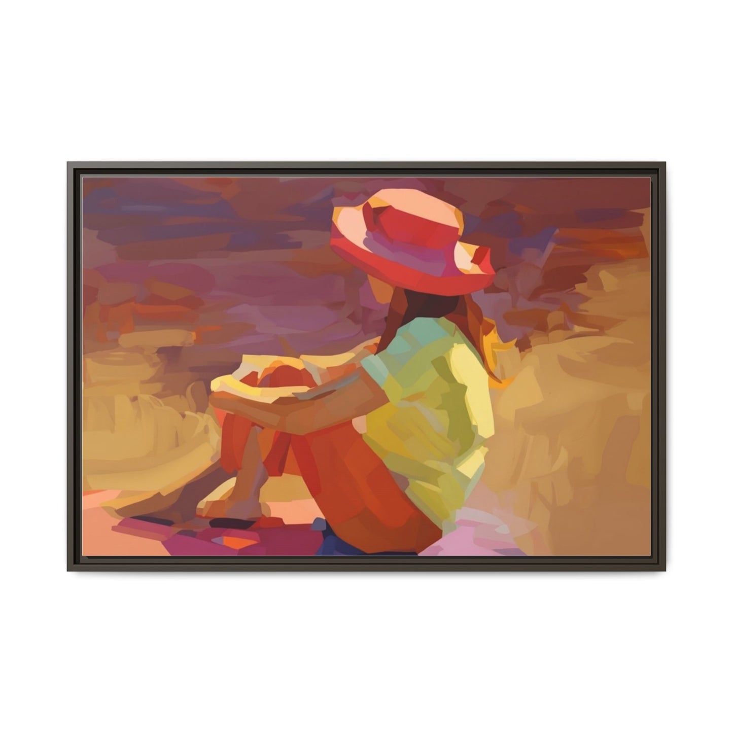 Framed Matte Canvas — Colorful Seated Girl Beach Art