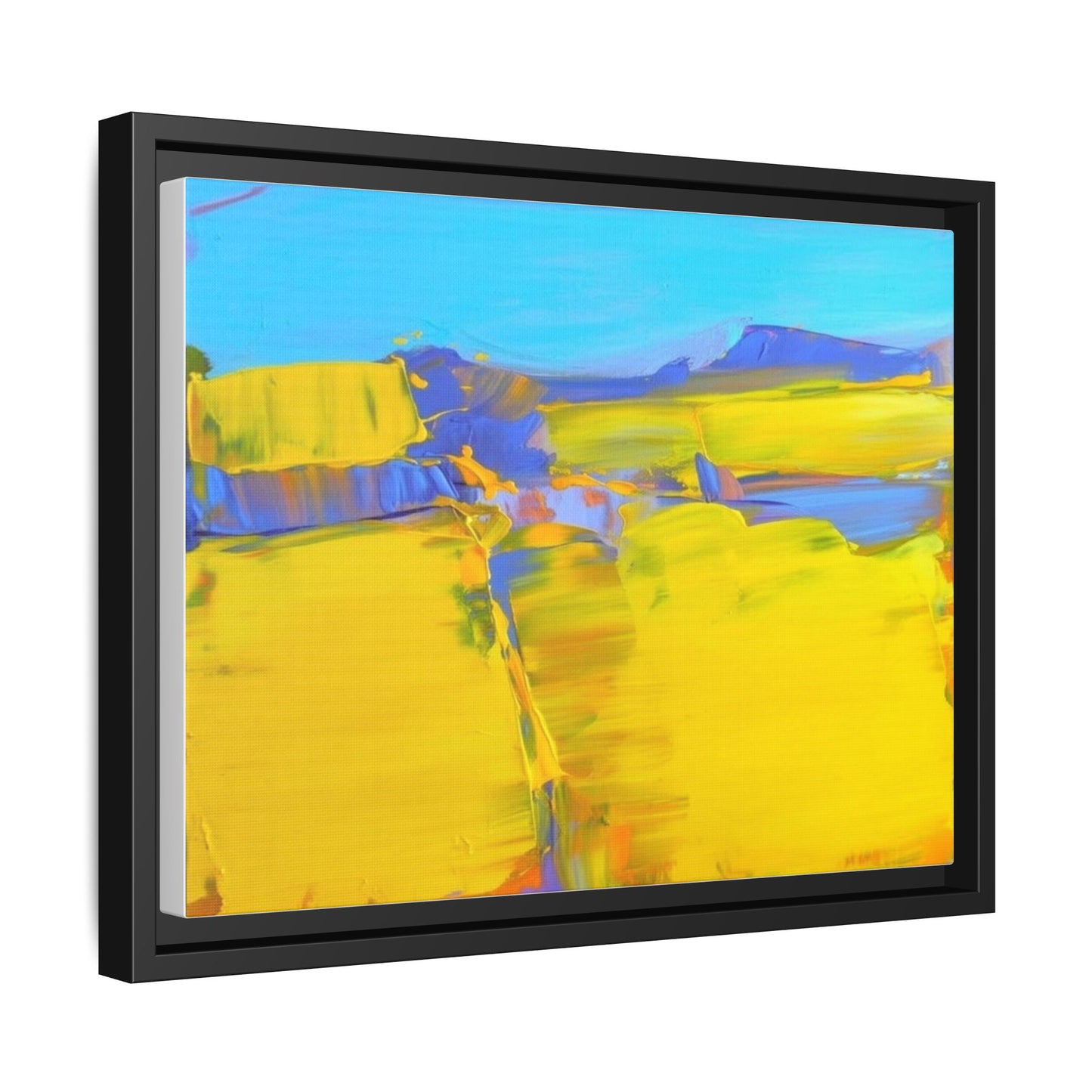 Framed Matte Canvas  Vibrant Yellow Blue Abstract Landscape Art