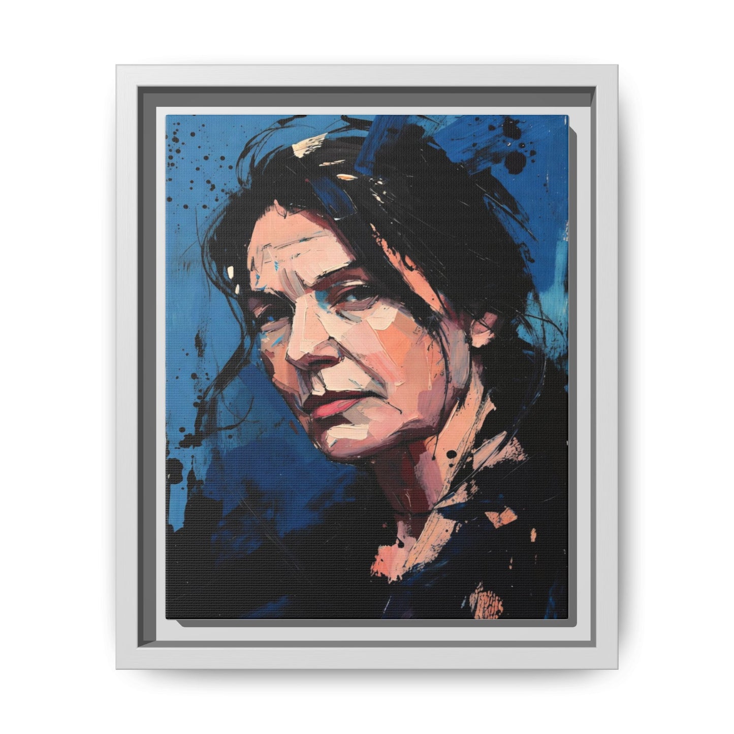 Framed Matte Canvas Portrait — Expressive Blue Painterly Woman Art