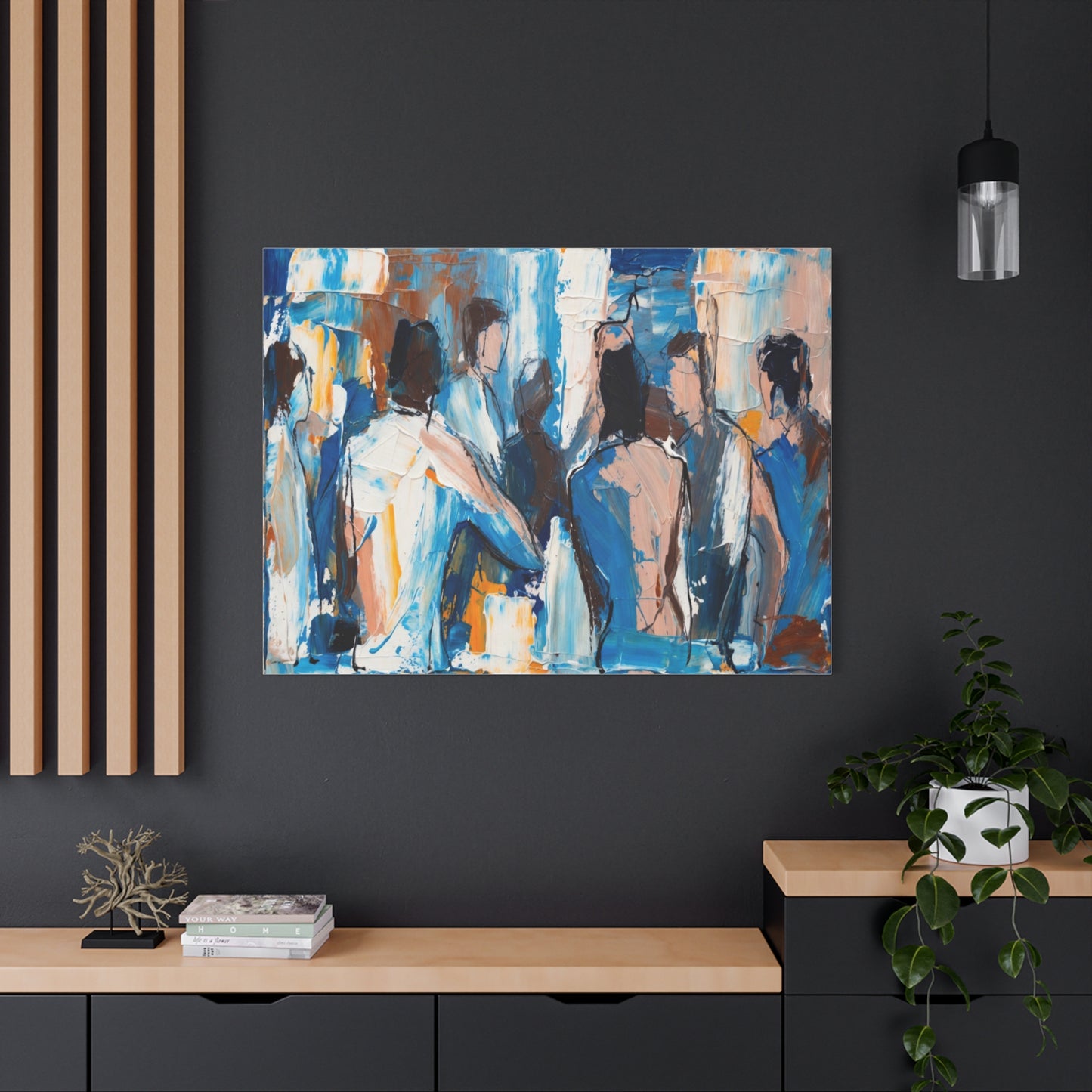 Abstract Figurative Canvas Art — Blue Social Scene Matte Stretched Canvas