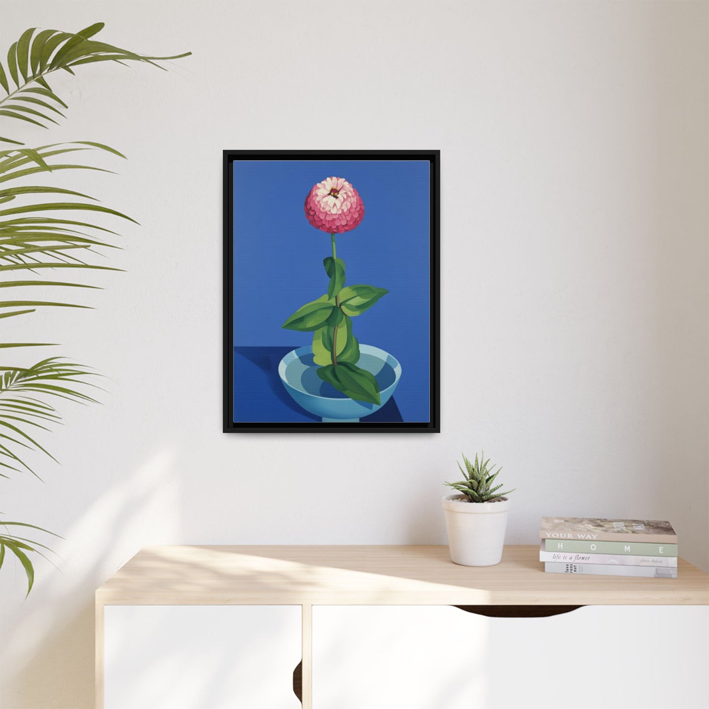 Framed Matte Canvas Art — Pink Zinnia in Blue Bowl (Botanical Still Life)