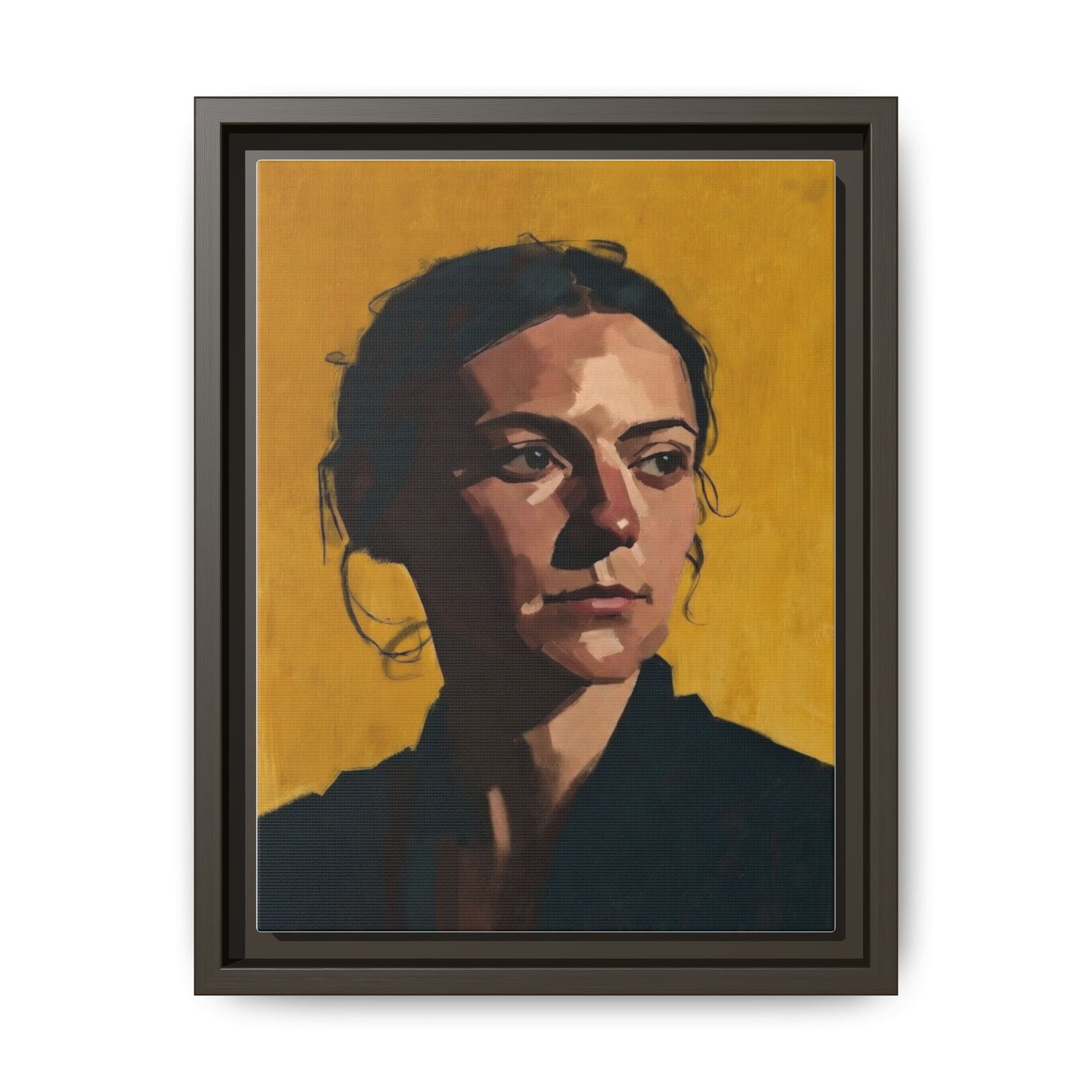 Framed Matte Canvas Portrait Art — Moody Woman on Mustard Background