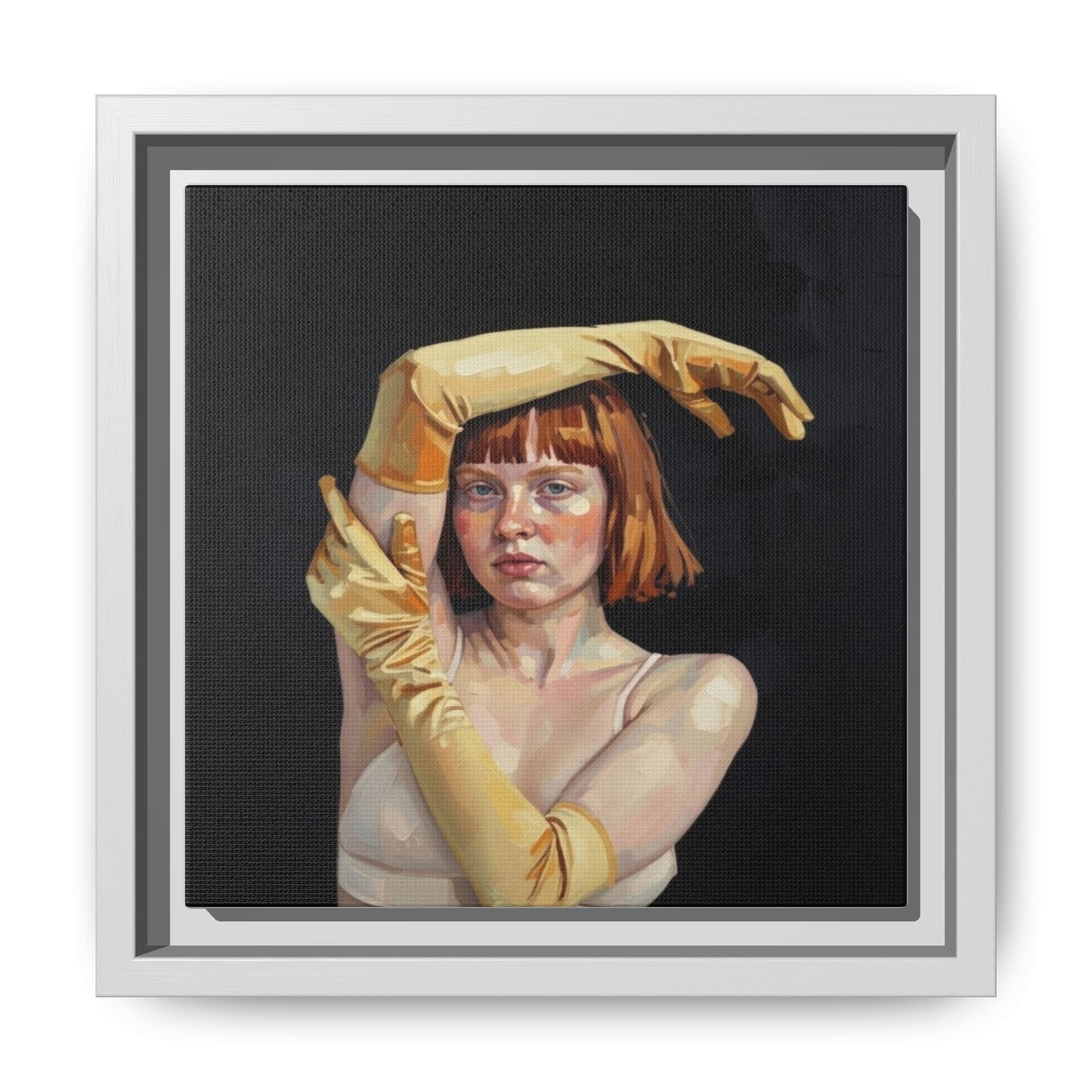 Framed Matte Canvas Art – Portrait of Woman in Yellow Gloves