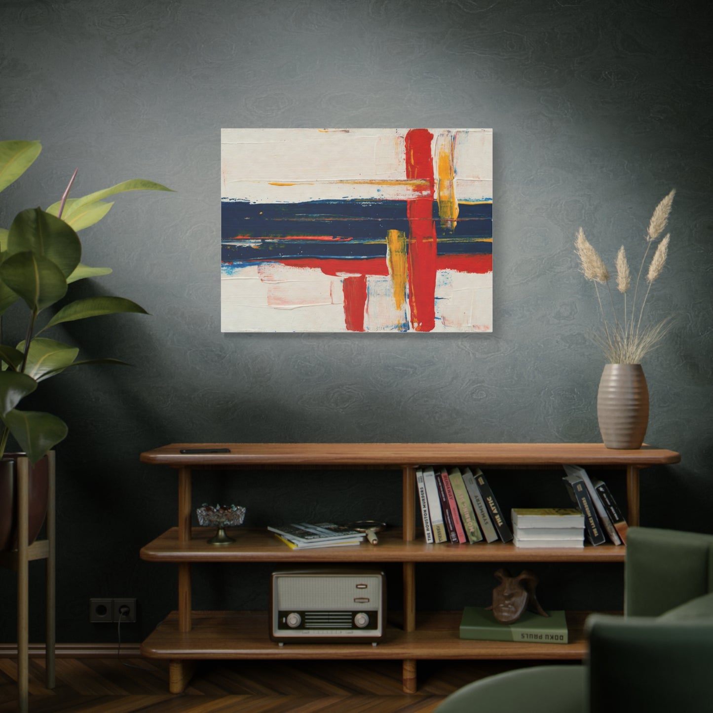 Abstract Modern Canvas Art Print — Red, Navy & Gold Stretched Matte Canvas