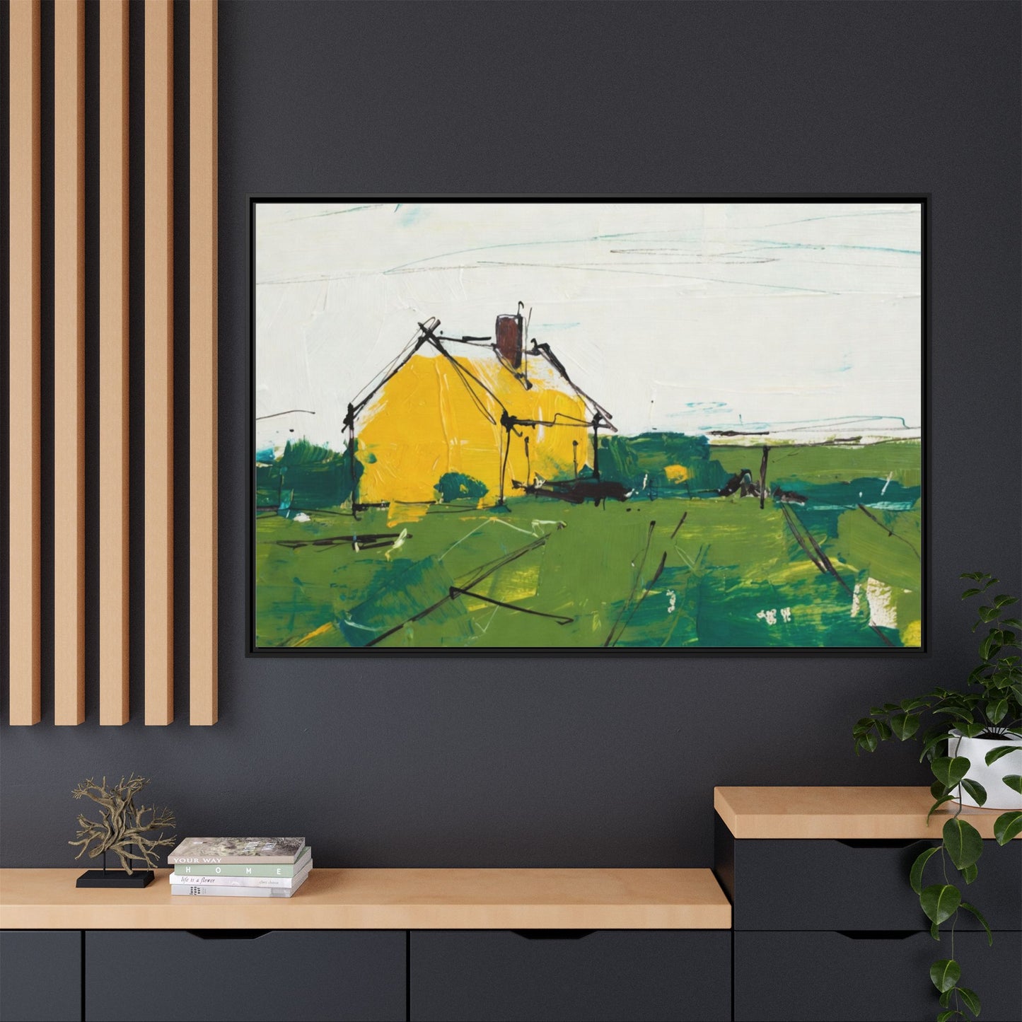 Yellow Cottage Landscape Framed Canvas Print