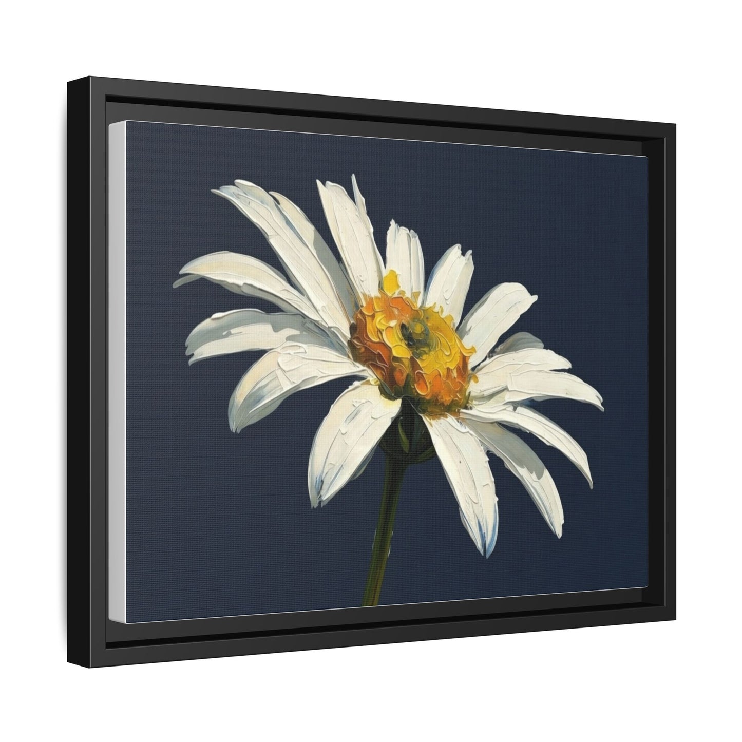 Framed Matte Canvas Daisy Wall Art — White Floral Painting on Navy