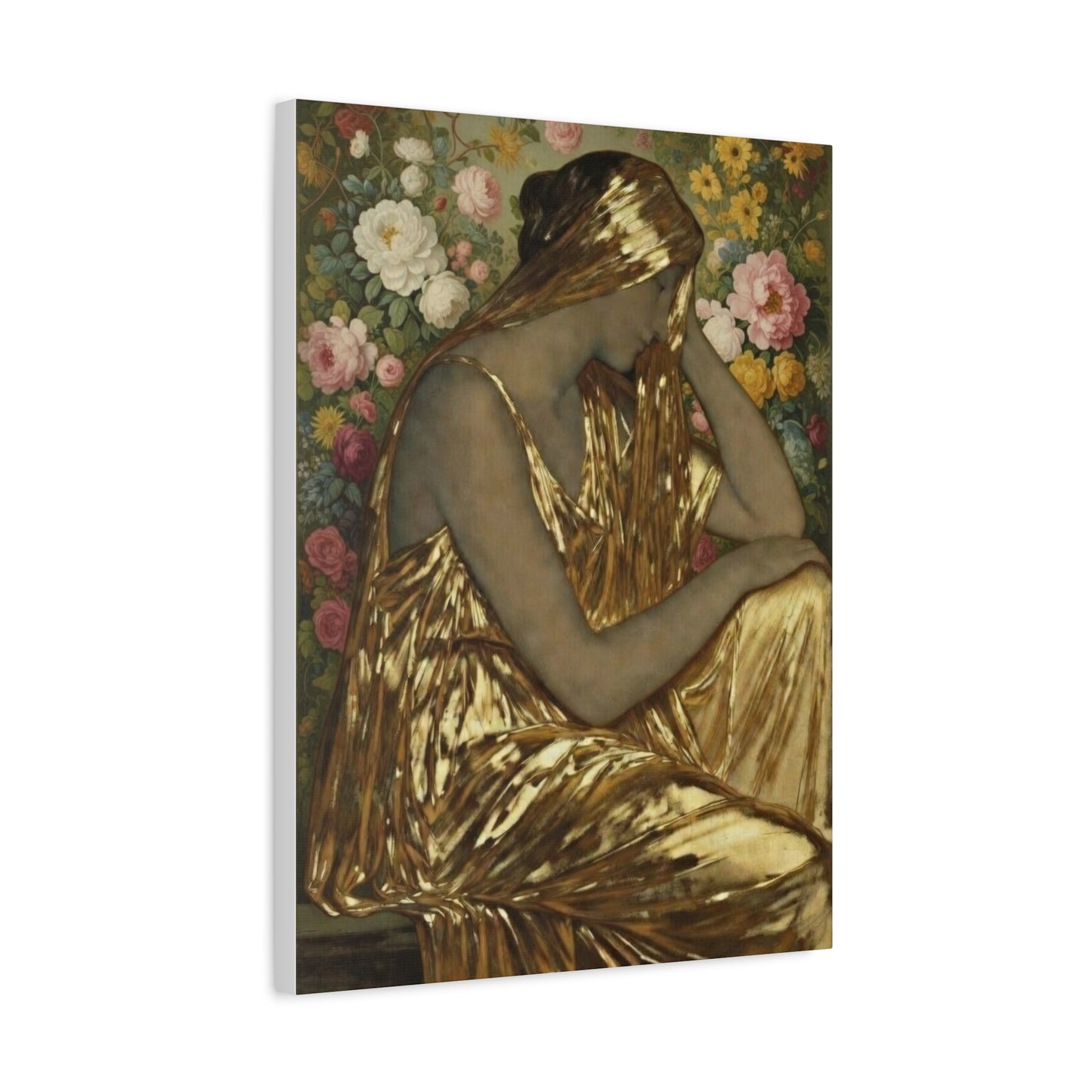 Golden Muse Canvas Print — Woman in Gold Floral Art (Stretched Matte)