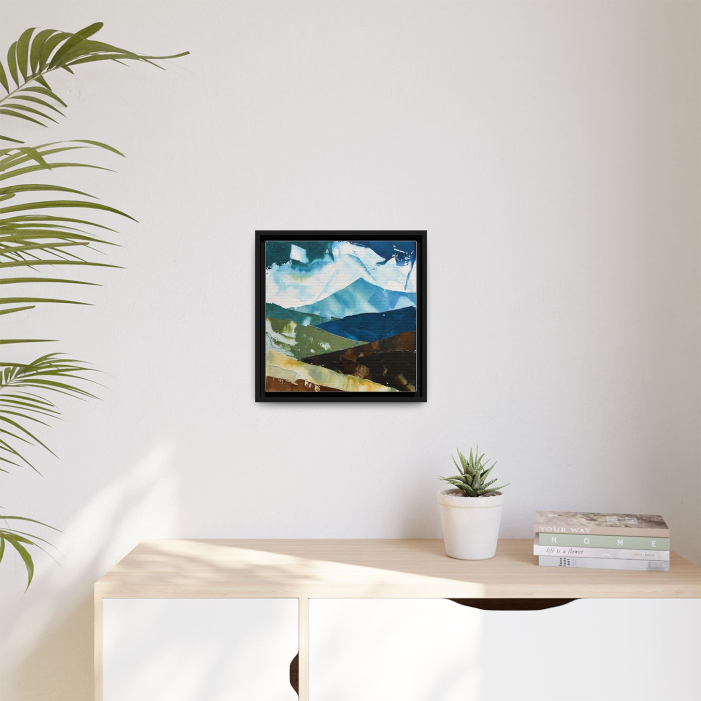 Framed Abstract Mountain Canvas Art — Blue & Earthtone Landscape Print