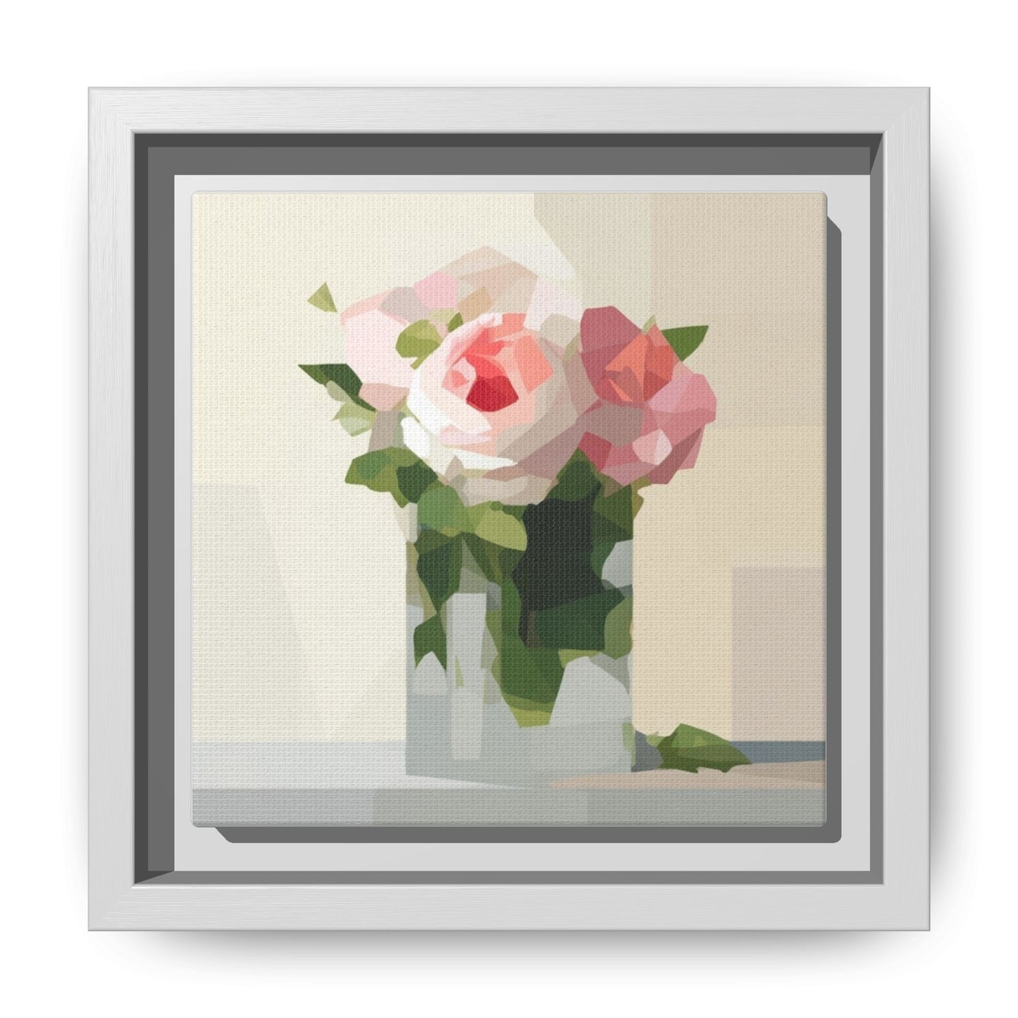 Framed Floral Canvas Print — Geometric Pink Rose Wall Art