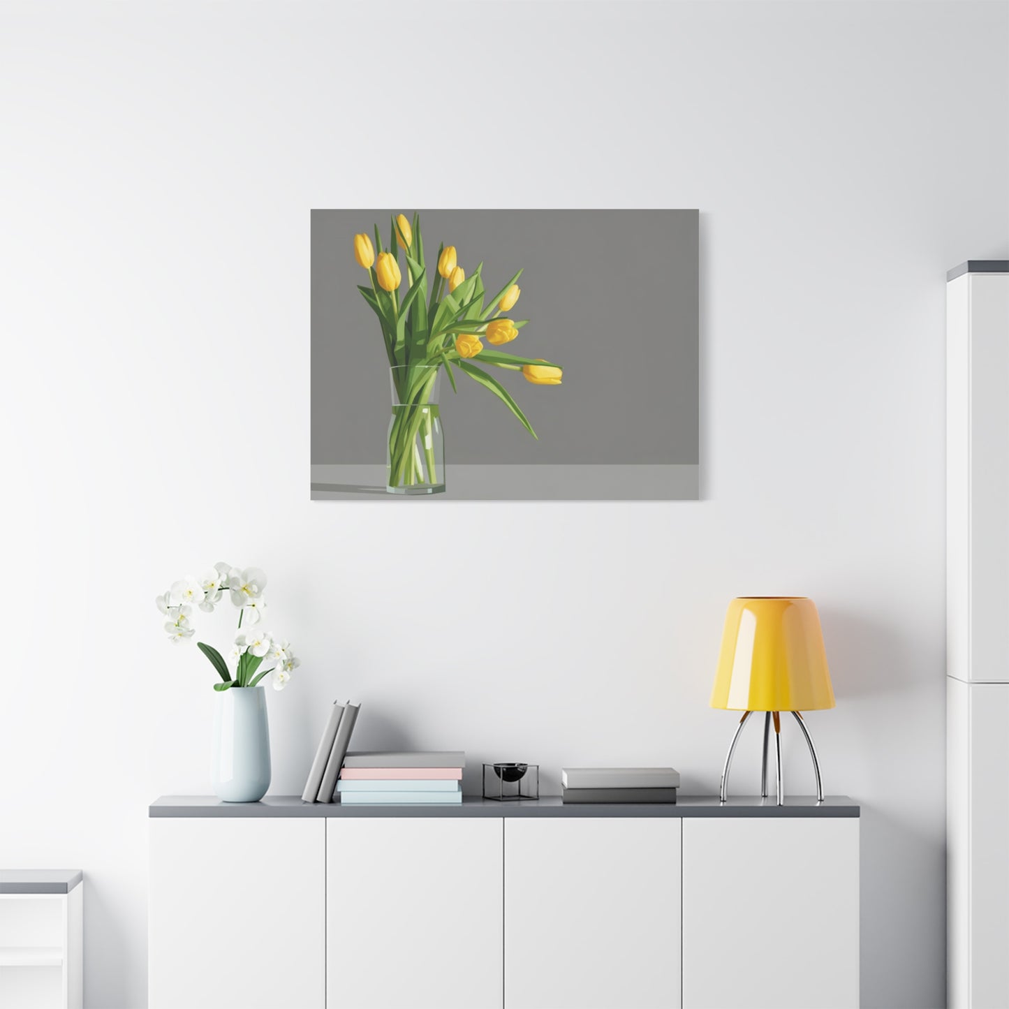 Yellow Tulips in Glass Vase — Matte Stretched Canvas Wall Art