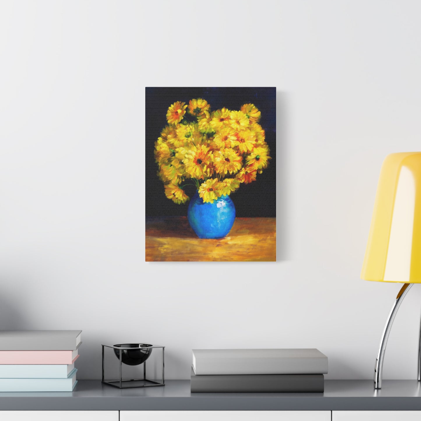 Yellow Chrysanthemum Canvas Wall Art — Blue Vase Floral Painting (Stretched Matte)