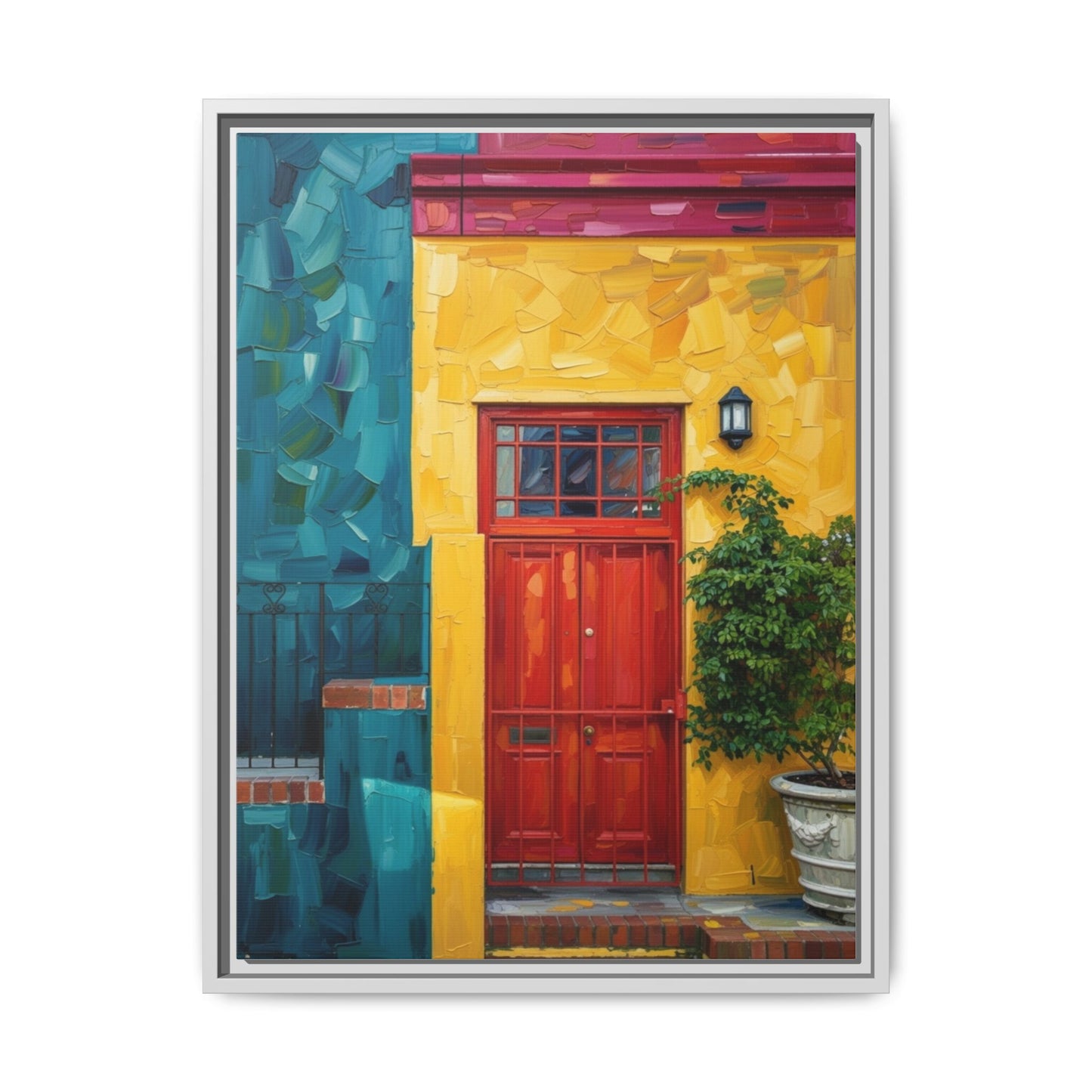 Framed Matte Canvas Wall Art — Colorful Red Door on Yellow Facade