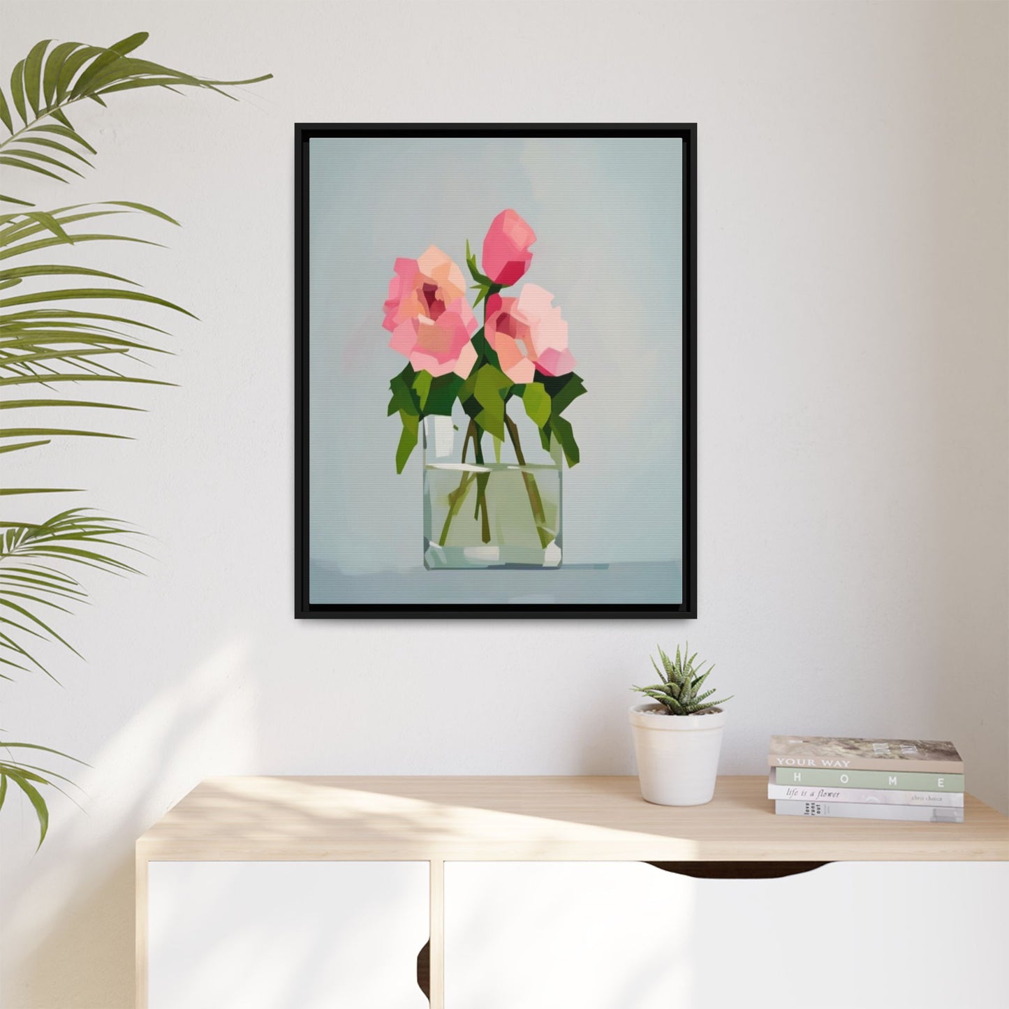 Framed Floral Canvas Print — Pink Roses in Glass Vase (Matte)