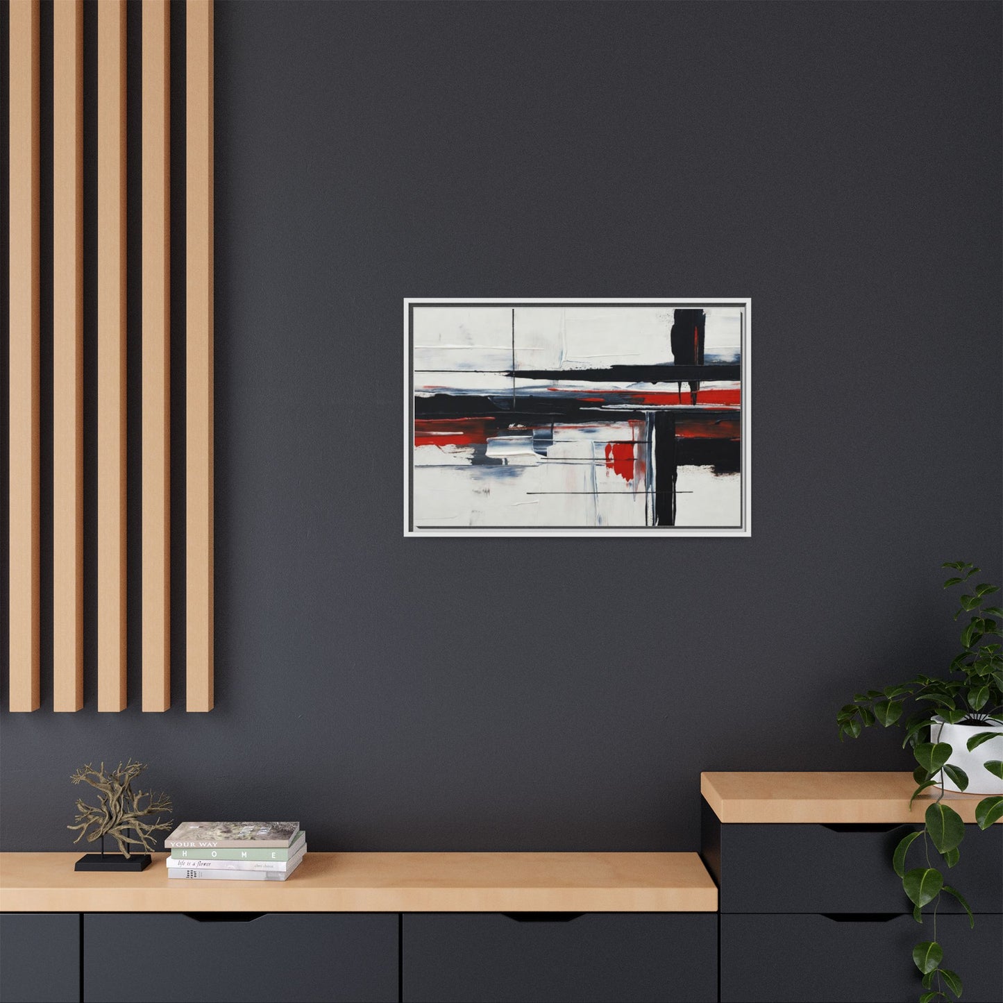 Abstract Red & Black Framed Canvas Art — Modern Matte Wall Painting