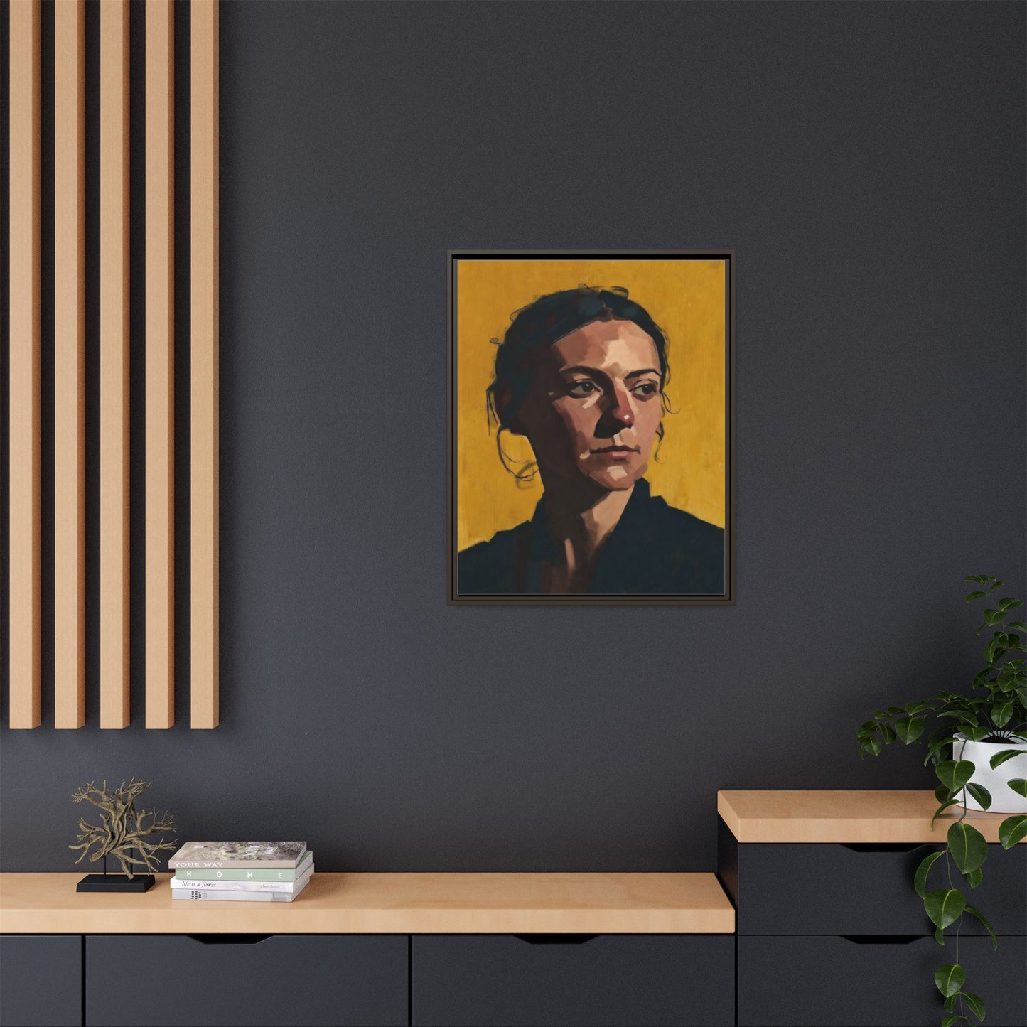 Framed Matte Canvas Portrait Art — Moody Woman on Mustard Background