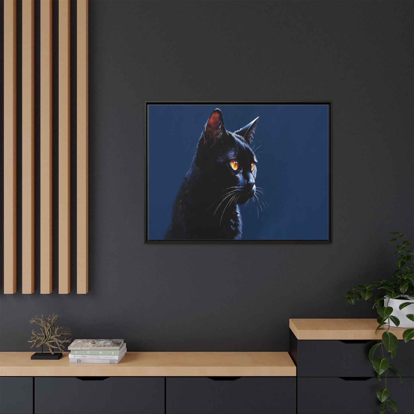 Black Cat Portrait Matte Canvas Framed Wall Art — Dramatic Feline Photo Print