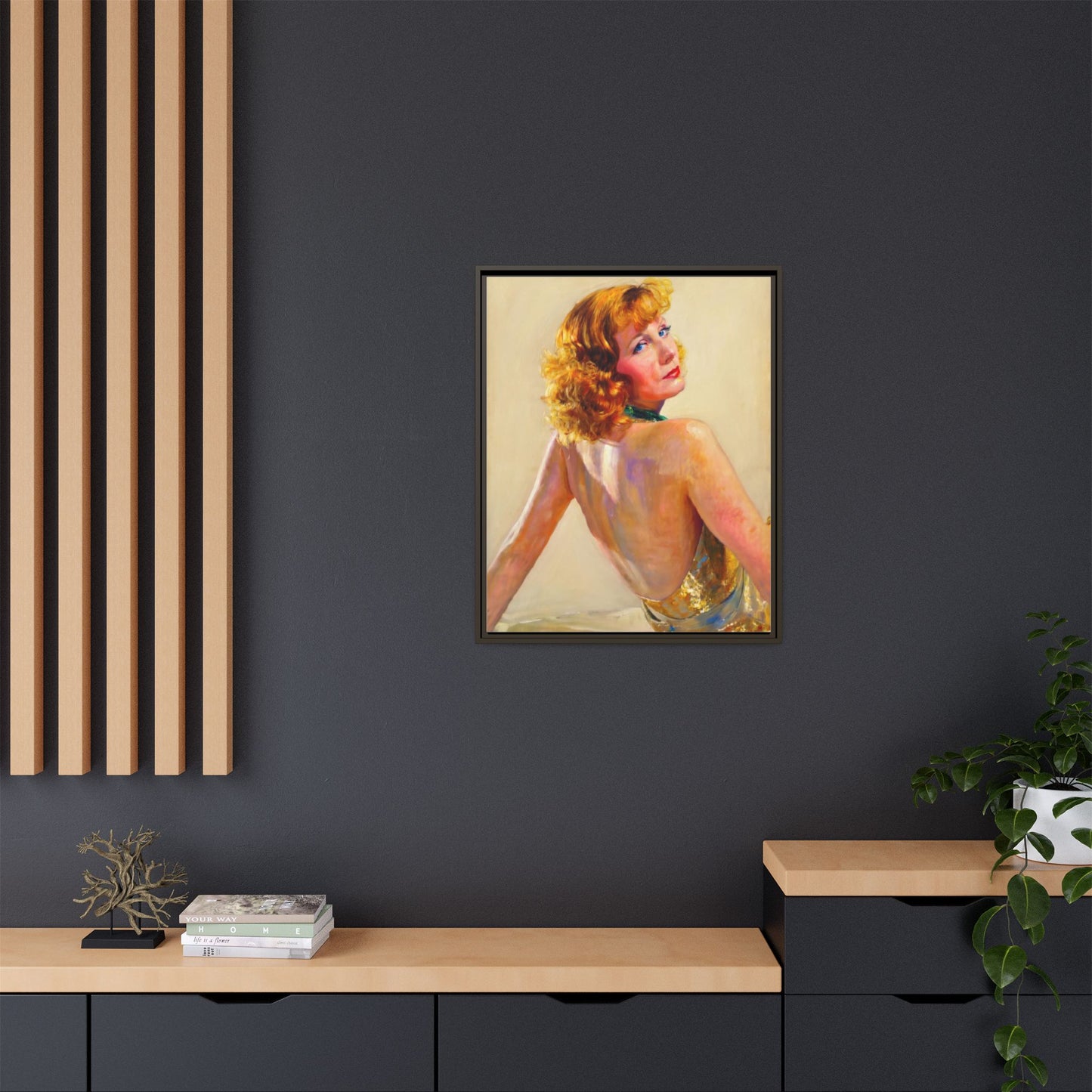 Framed Matte Canvas Print — Vintage Portrait of Redhead Greta Garbo in Gold Dress