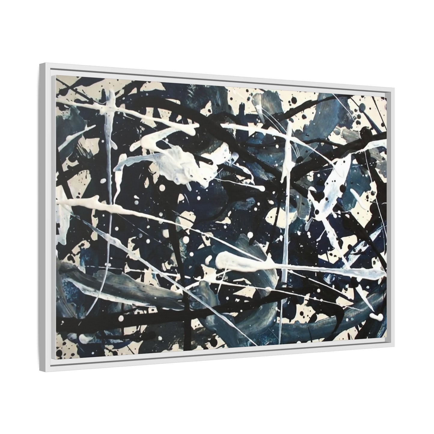 Abstract Splatter Matte Canvas Framed Wall Art — Black & Blue Modern Art Print