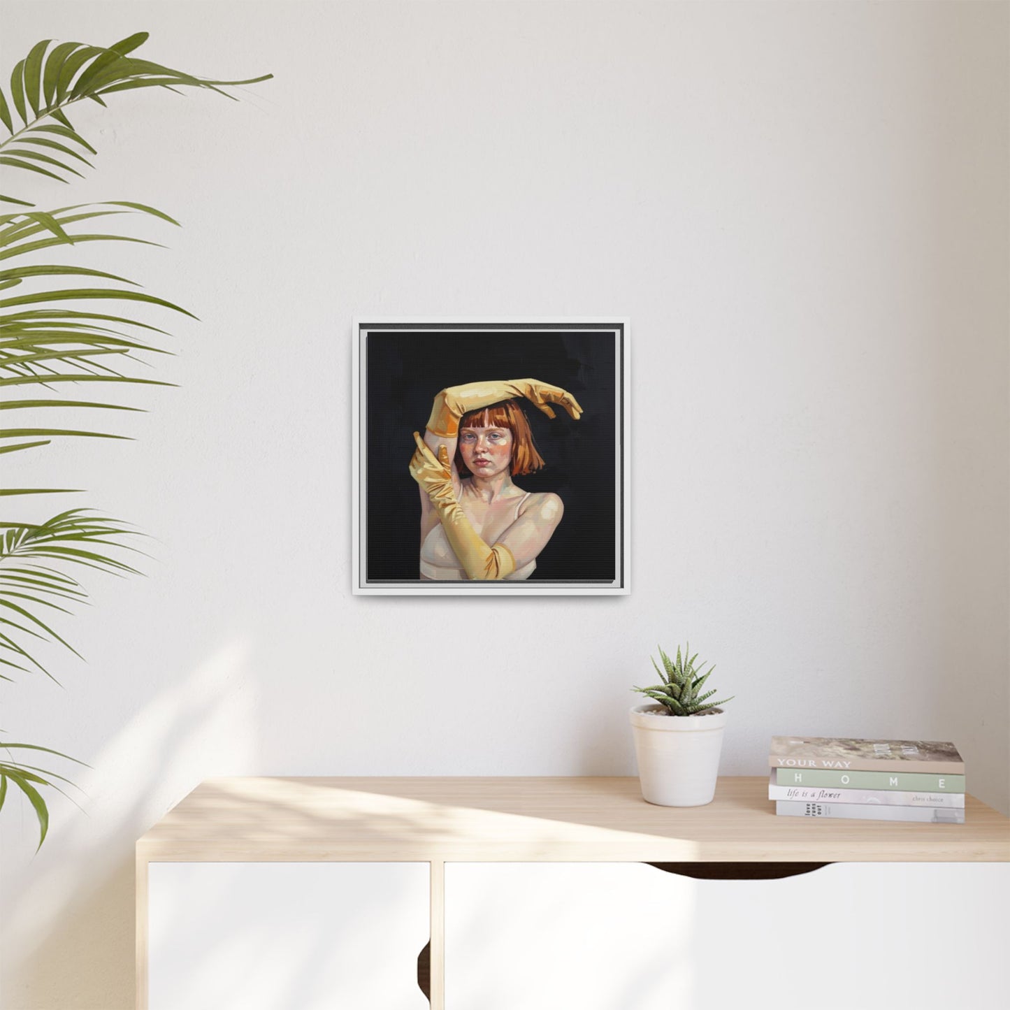 Framed Matte Canvas Art – Portrait of Woman in Yellow Gloves