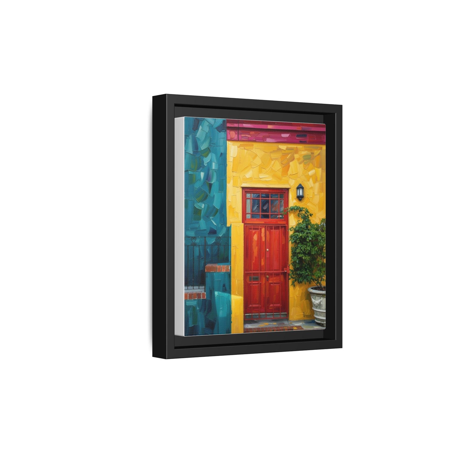 Framed Matte Canvas Wall Art — Colorful Red Door on Yellow Facade