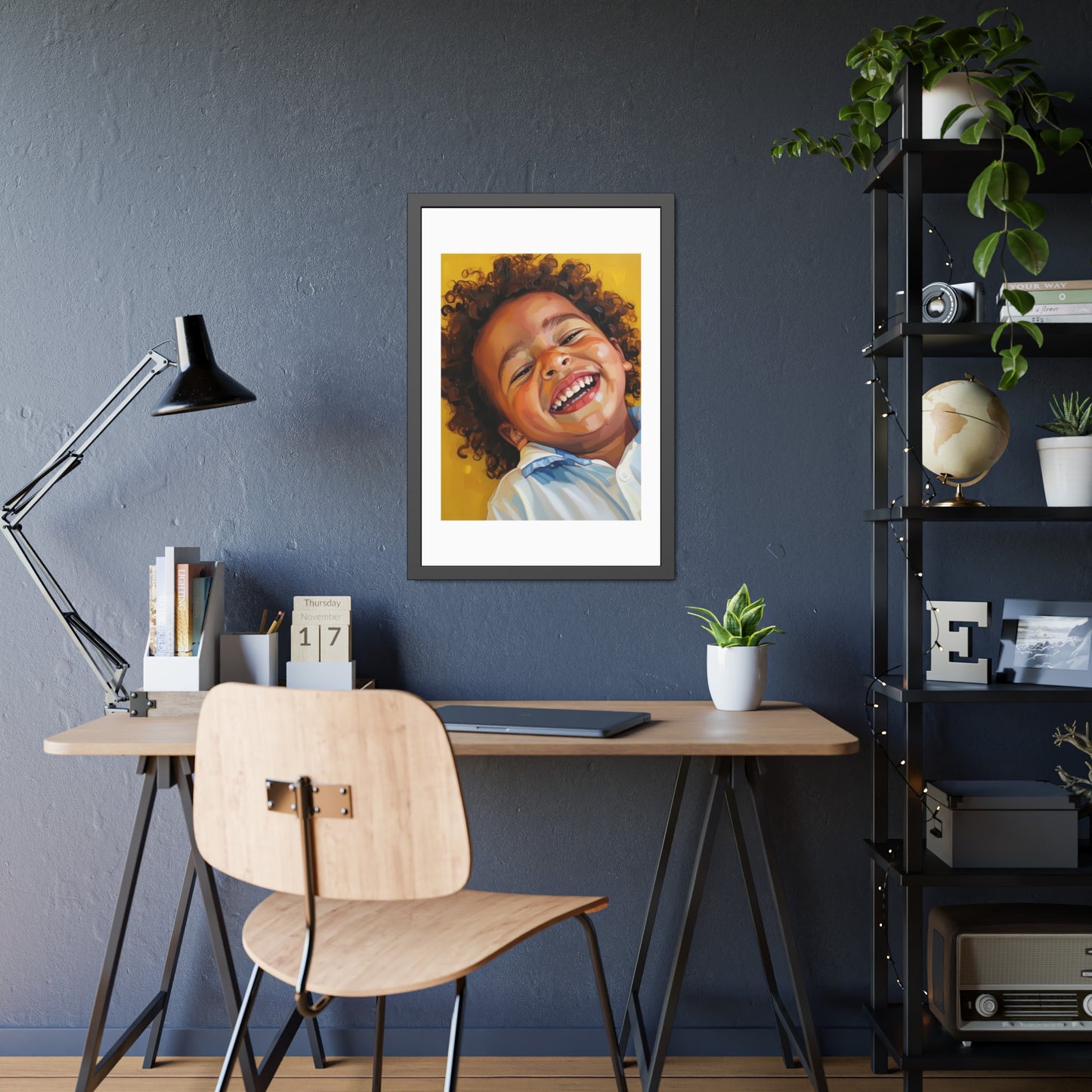 Framed Poster — Joyful Laughing Child Portrait, Colorful Nursery Wall Art