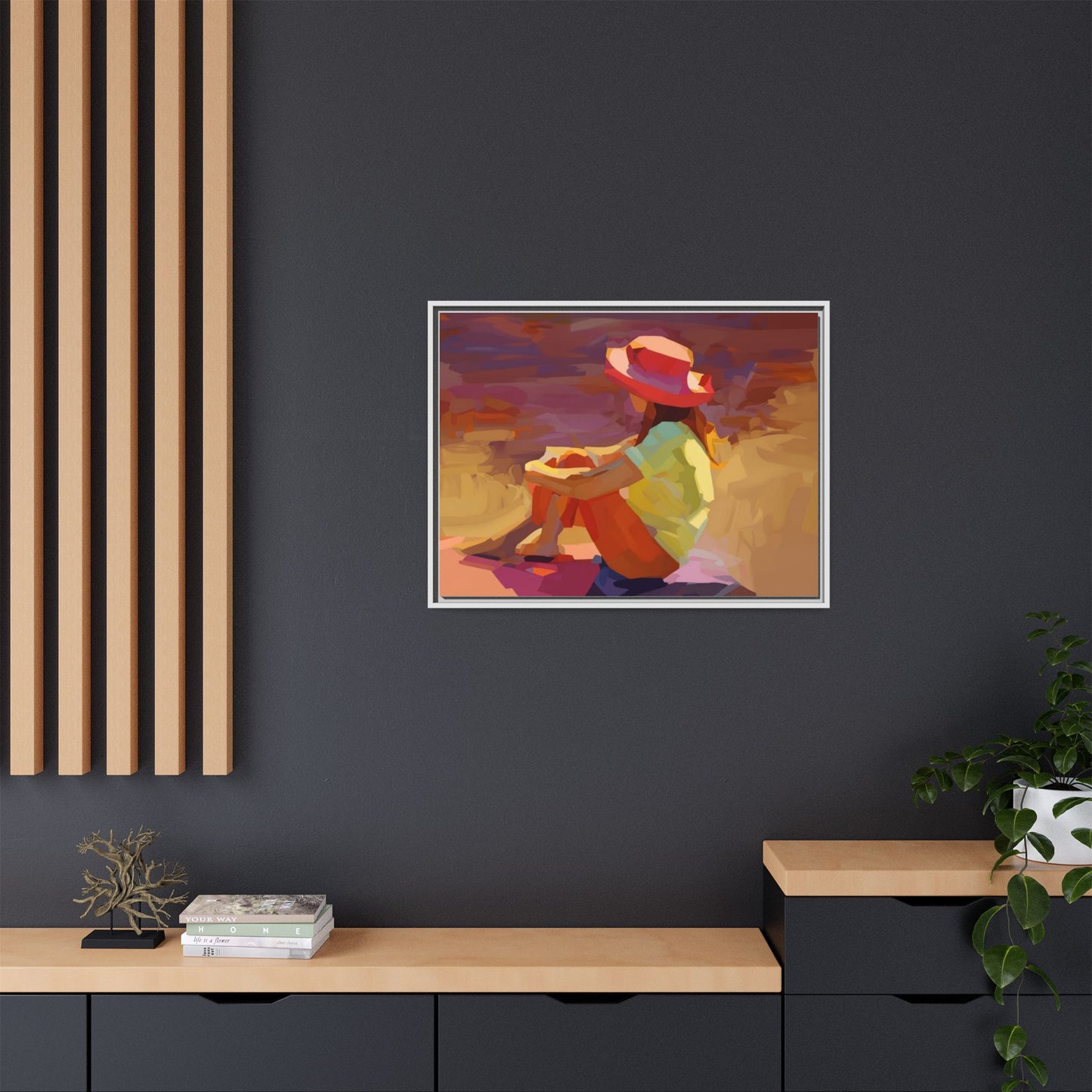 Framed Matte Canvas — Colorful Seated Girl Beach Art