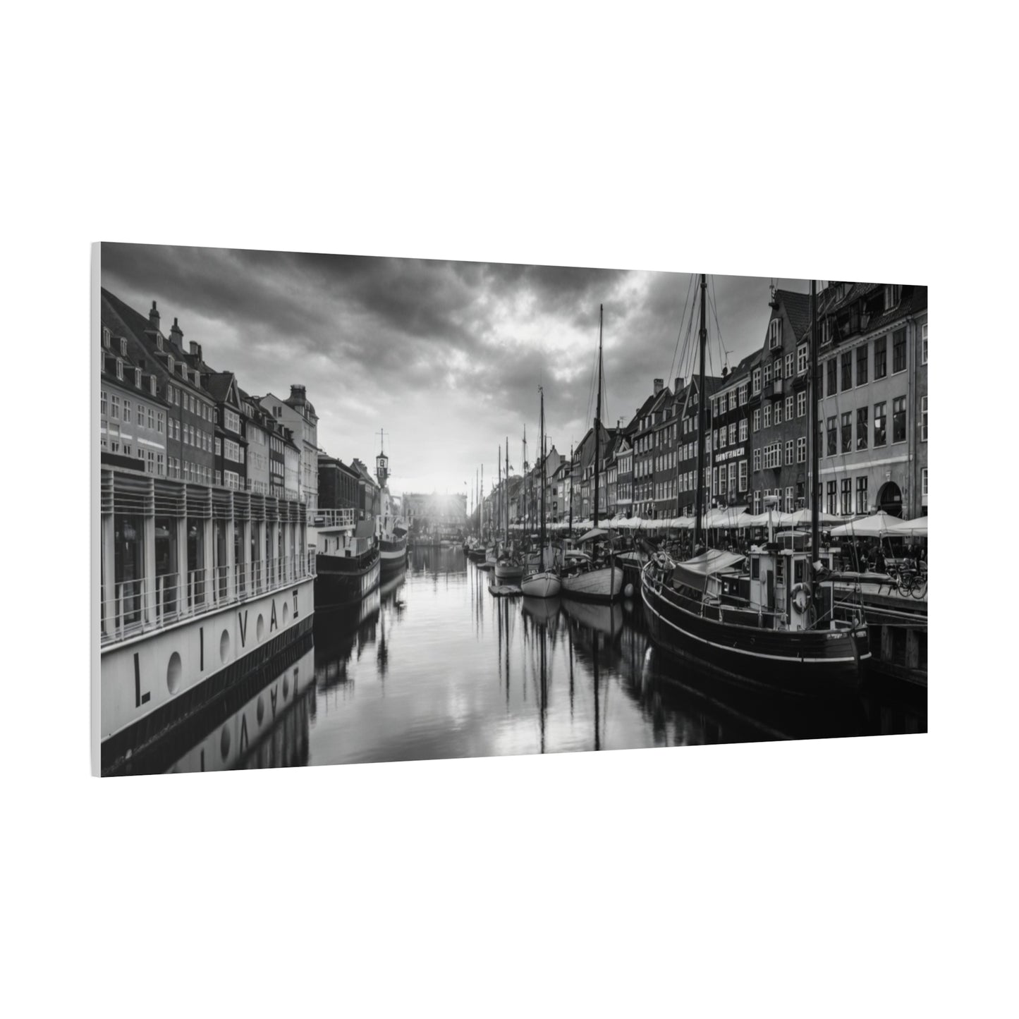 Black & White Harbor Canvas Print — Dramatic Copenhagen Cityscape Wall Art