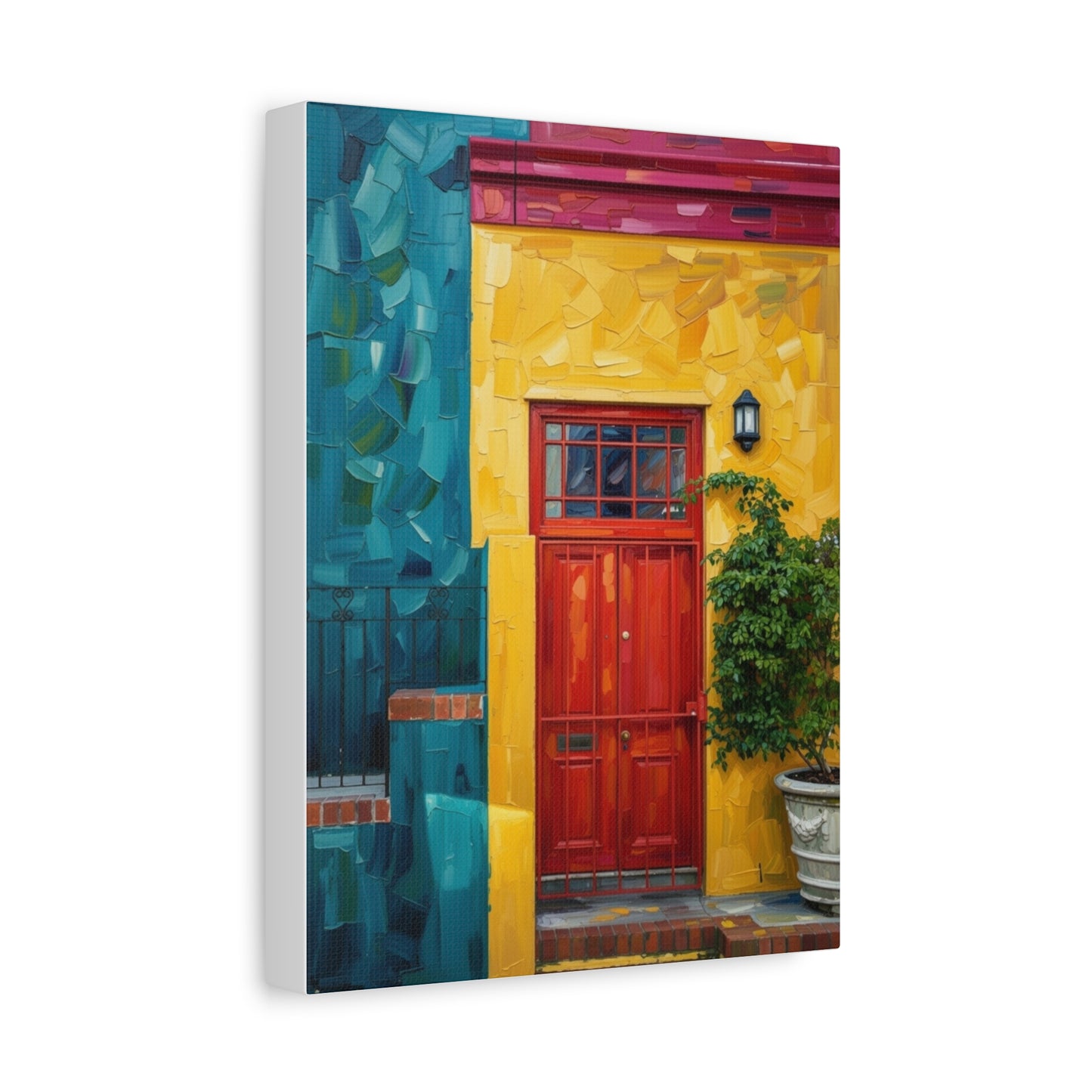 Colorful Doorway Canvas Wall Art — Vibrant Yellow & Teal Street Scene, Matte Stretched Print