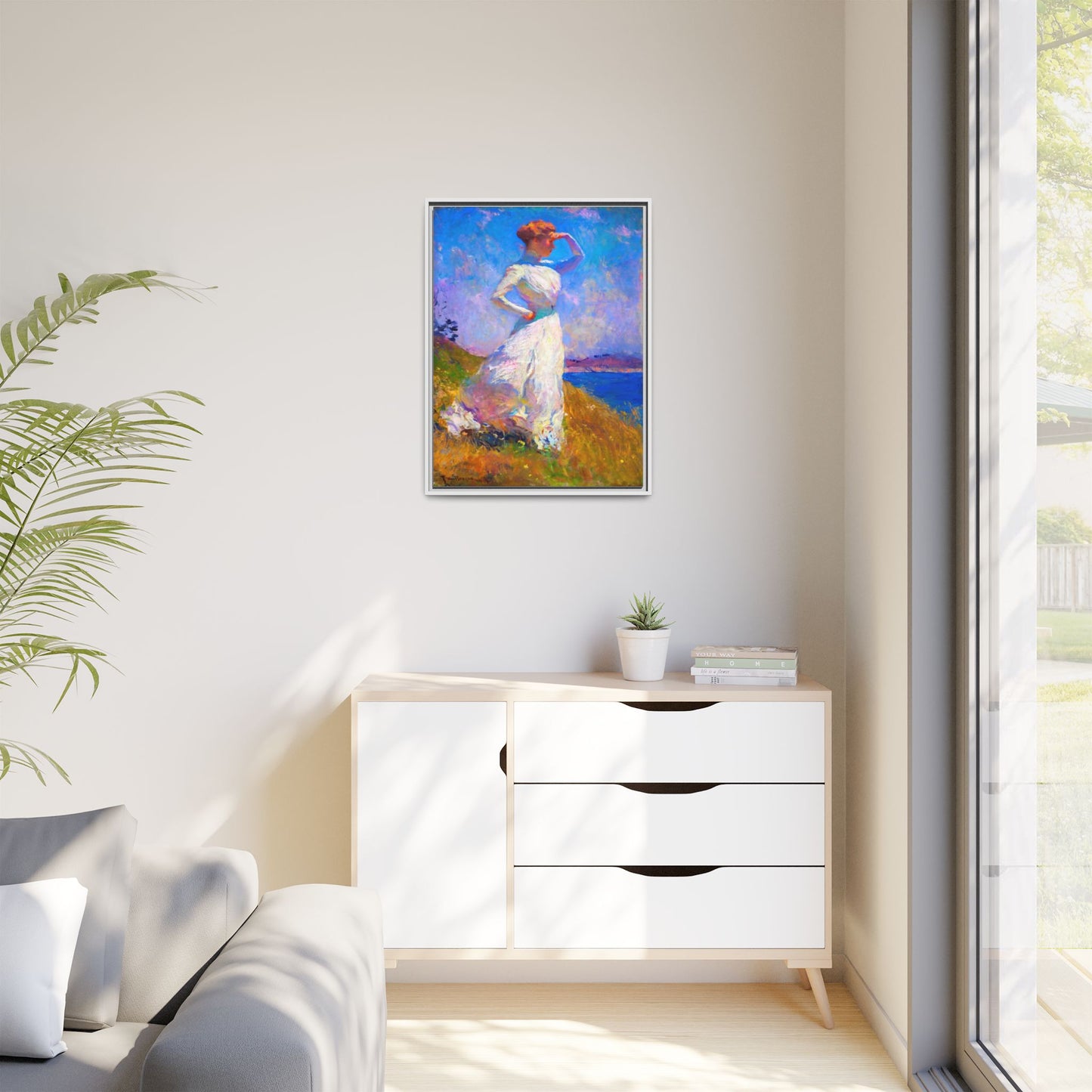 Framed Matte Canvas Art - Woman in White Seaside Impressionist Print