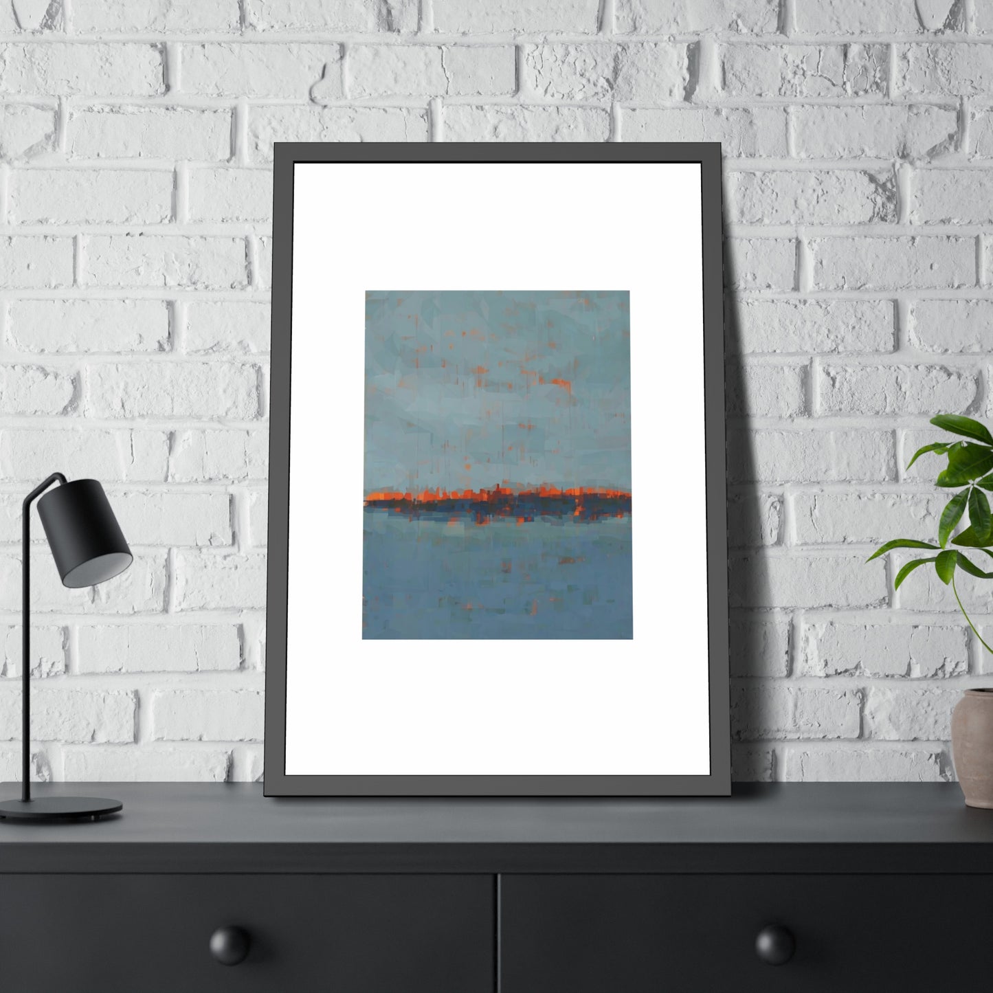 Abstract Seaside Framed Poster — Blue & Copper Minimalist Wall Art