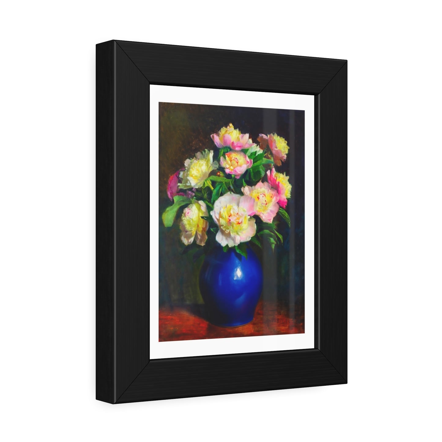 Framed Floral Poster — Pink Peonies in Blue Vase Wall Art
